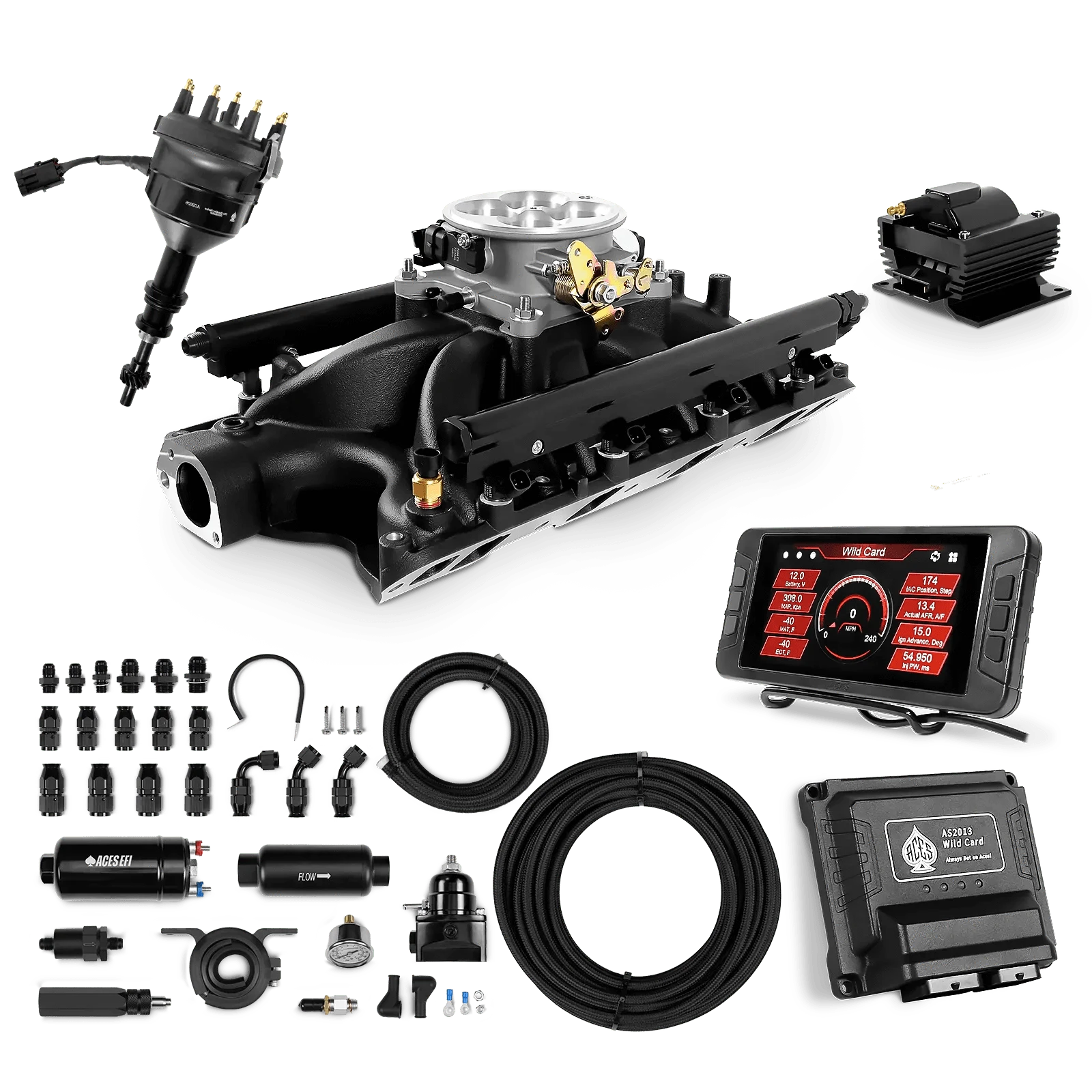 Aces Fuel Injection 255 In-line Fuel Pump System w/40' PTFE Hose / Black Manifold for 351W SBF Wild Card Sequential EFI Master Kits (500 HP)