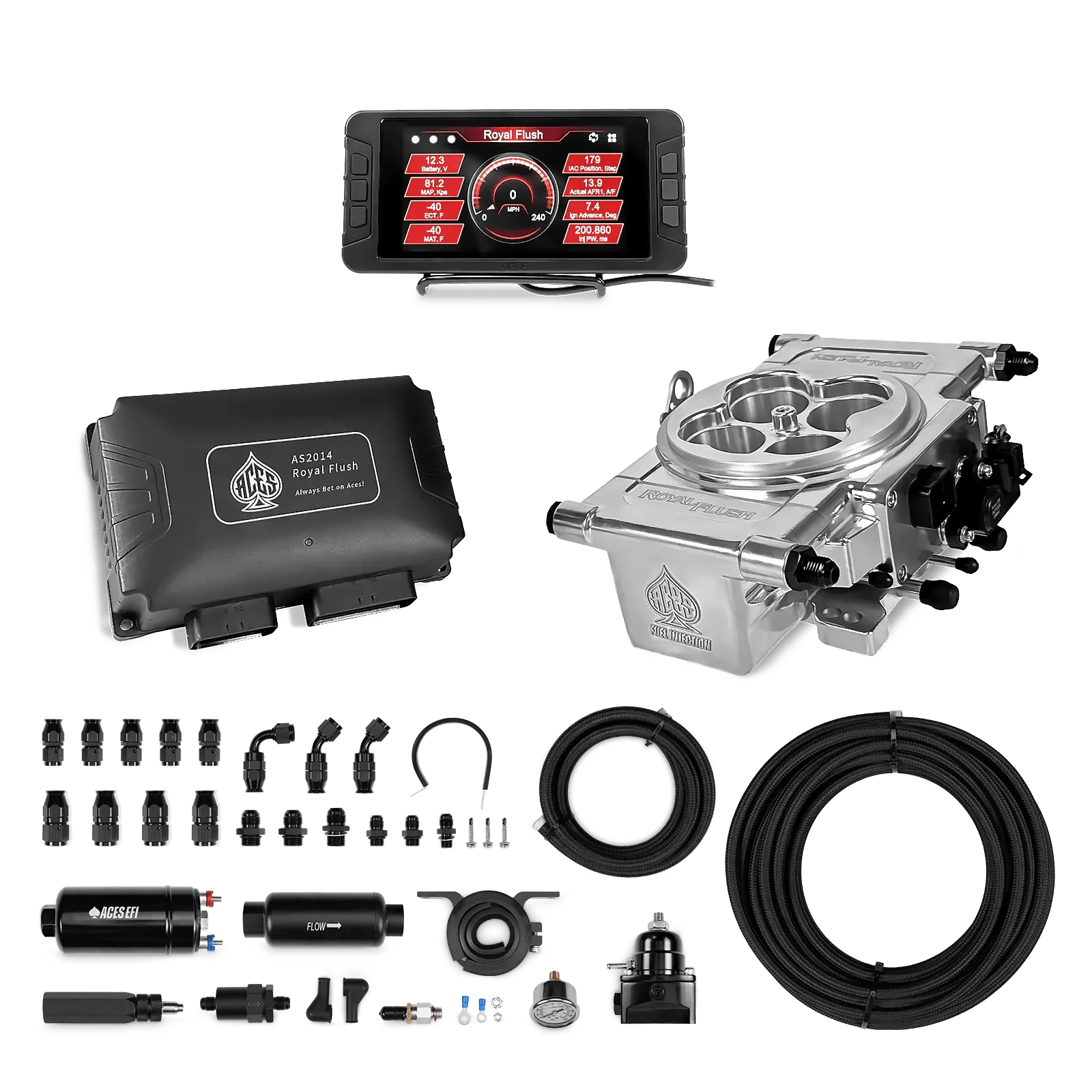 Aces Fuel Injection 255 In-line Fuel Pump System w/40' PTFE Hose / Polished Royal Flush EFI/CDI w/Fuel Delivery System