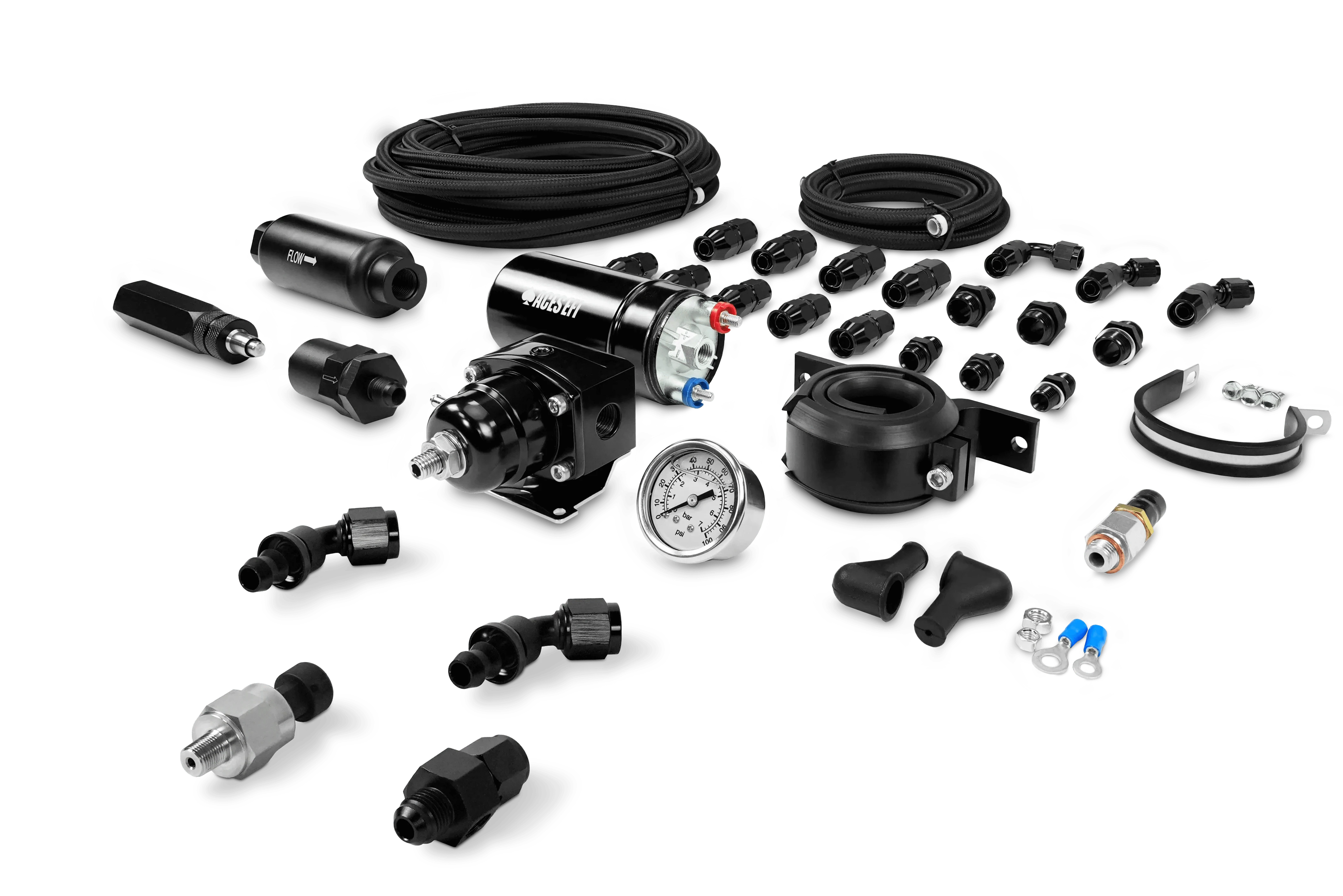 Aces Fuel Injection, Inc. 255 In-line Fuel Pump System with PTFE Hose + Pressure Sensor Kit 255 In-line Fuel Pump System with PTFE Hose