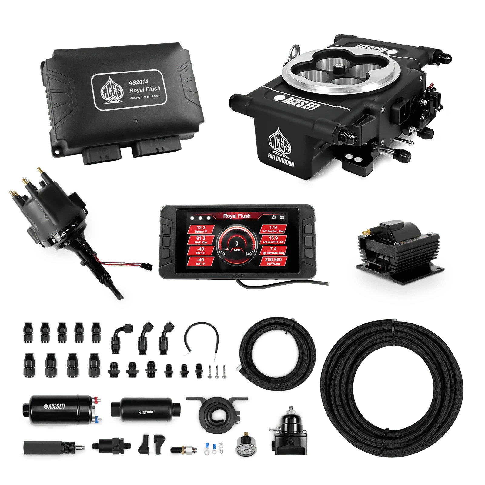 Aces Fuel Injection 255 In-line Fuel System w/40' PTFE Hose / 232-258 6-Cyl. Royal Flush EFI/CDI Master Kits (Black)