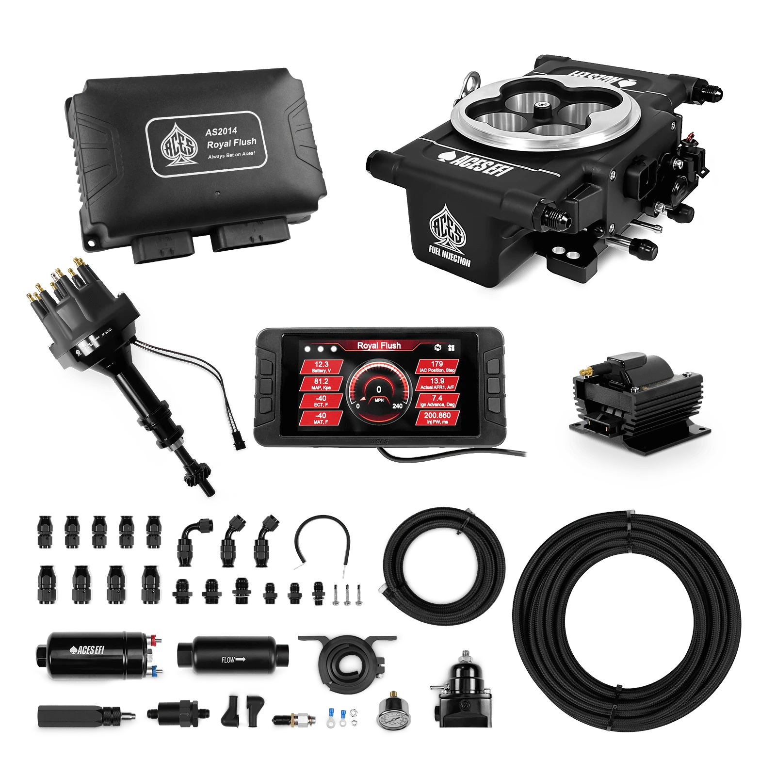 Aces Fuel Injection 255 In-line Fuel System w/40' PTFE Hose / 351C/460 BBF Royal Flush EFI/CDI Master Kits (Black)