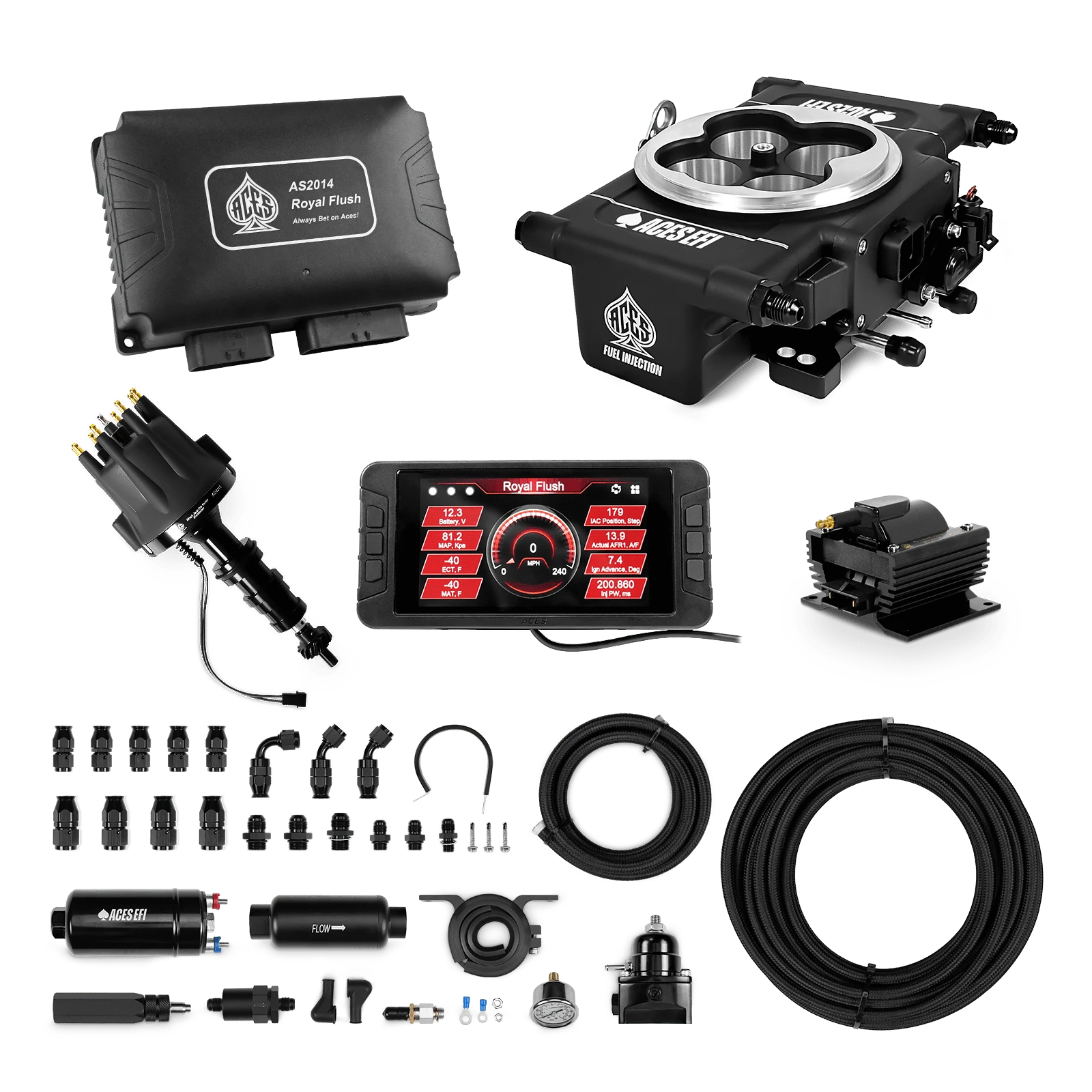 Aces Fuel Injection 255 In-line Fuel System w/40' PTFE Hose / Ford FE Royal Flush EFI/CDI Master Kits (Black)