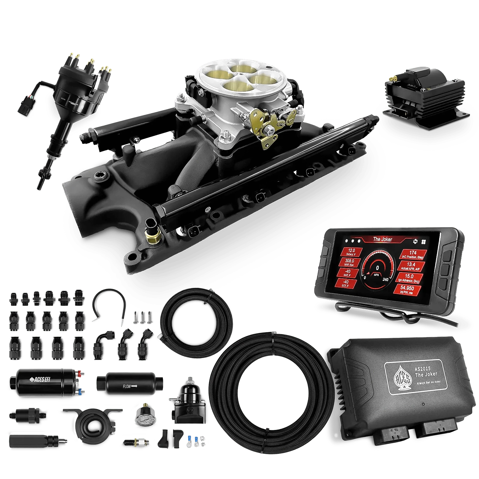 Aces Fuel Injection 255 In-line Pump System w/40' PTFE Hose / Black Manifold for 302 SBF The Joker Sequential EFI/CDI Master Kits (500 HP)