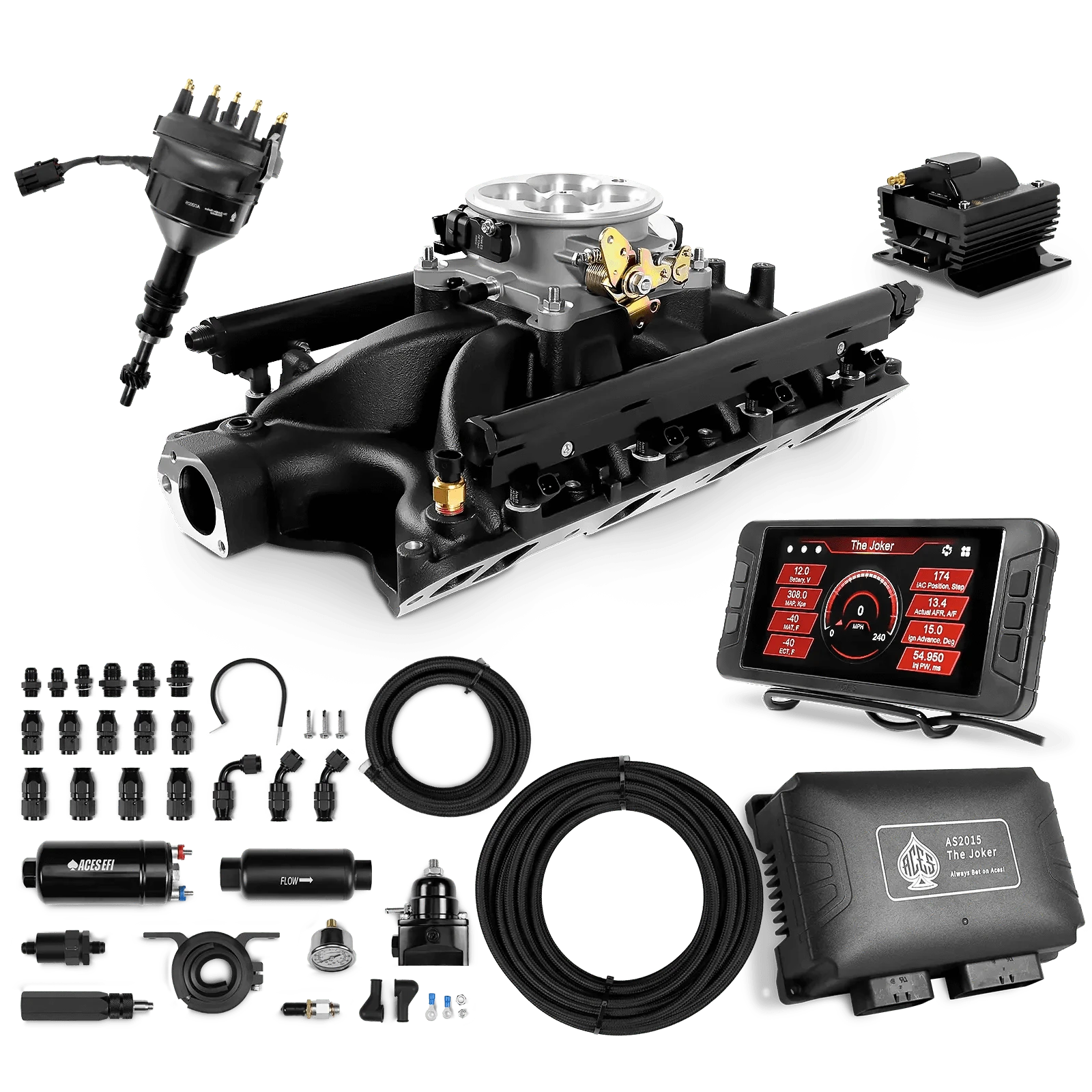 Aces Fuel Injection 255 In-line Pump System w/40' PTFE Hose / Black Manifold for 351W SBF The Joker Sequential EFI/CDI Master Kits (500 HP)