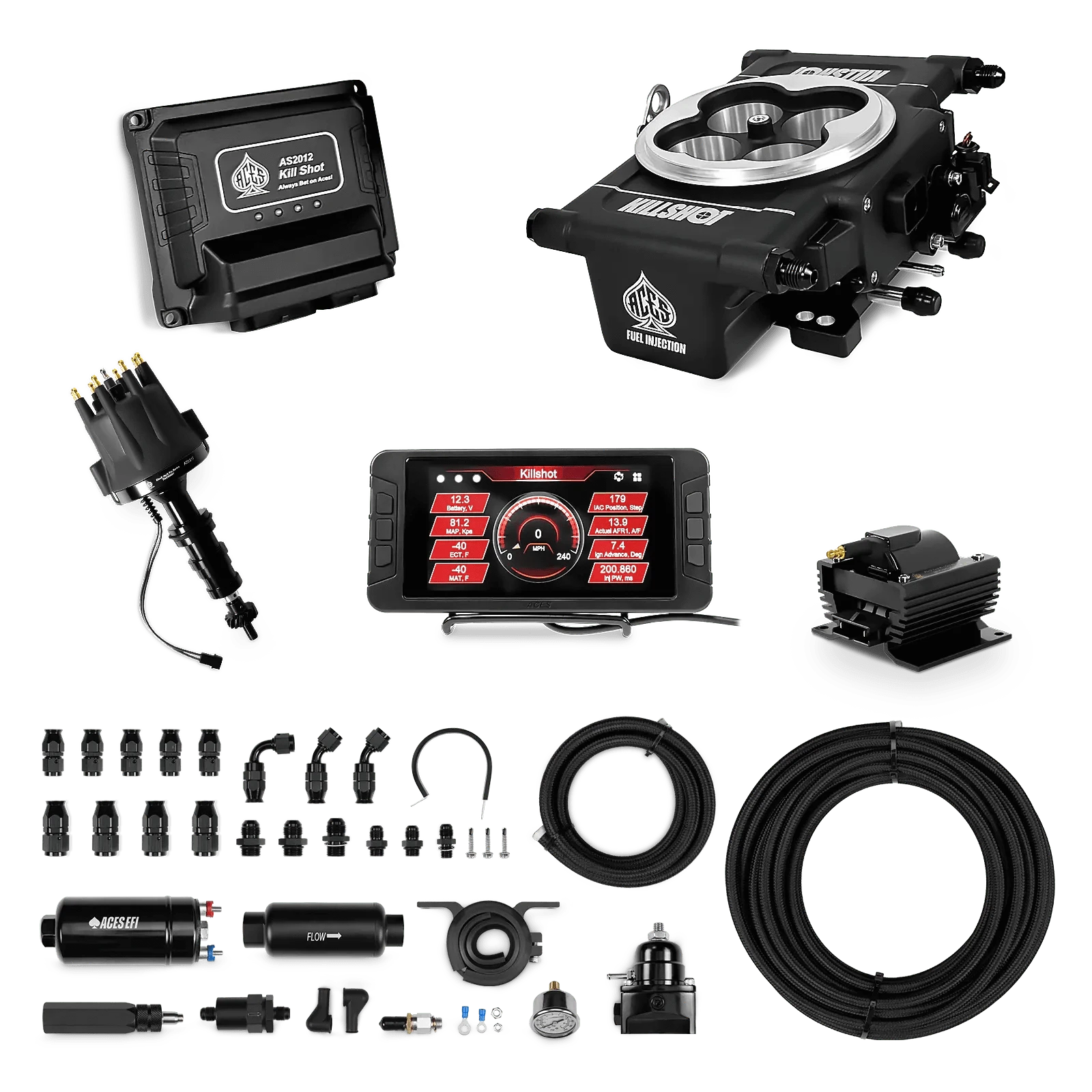 Aces Fuel Injection 255 In-line Pump System w/40' PTFE Hose / Ford FE Killshot 4-bbl EFI Master Kits (Black)