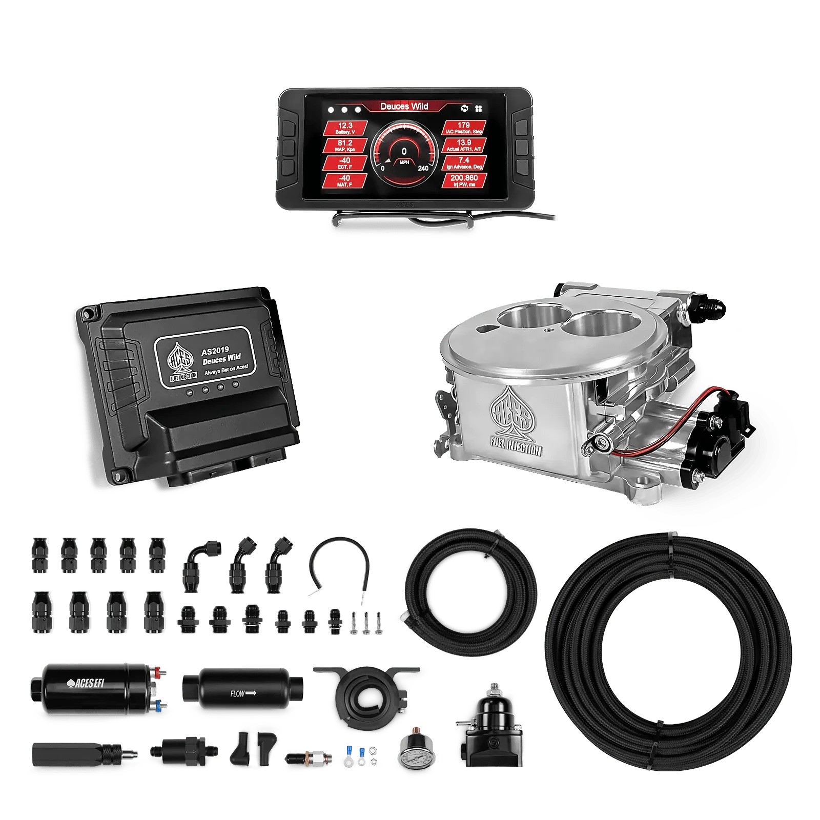 Aces Fuel Injection 255 In-line Pump System w/40' PTFE Hose / Polished Deuces Wild 2-bbl EFI Fuel Kits