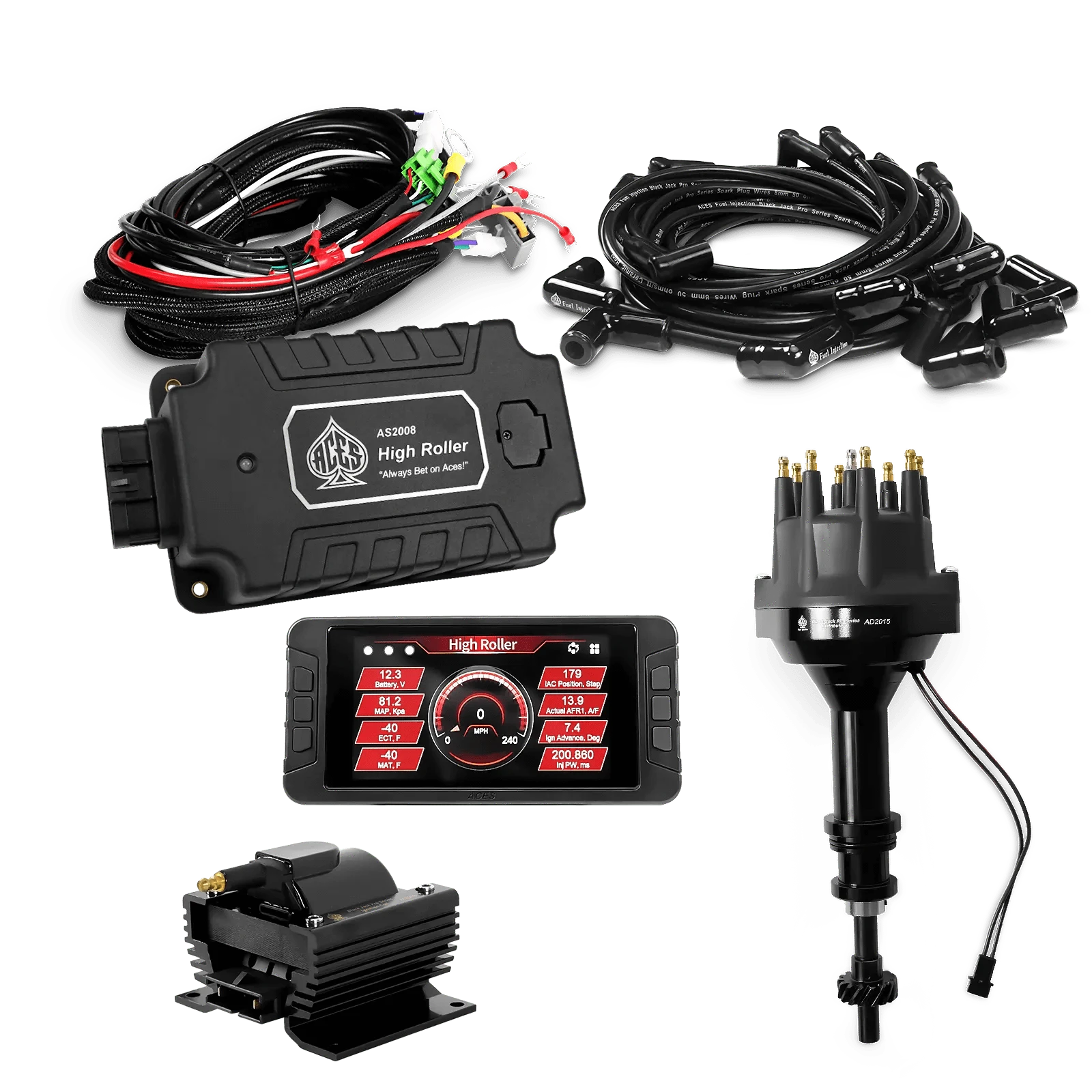 ACES Fuel Injection. 351C/460 BBF 90 Deg Boots High Roller Pro Ignition Package