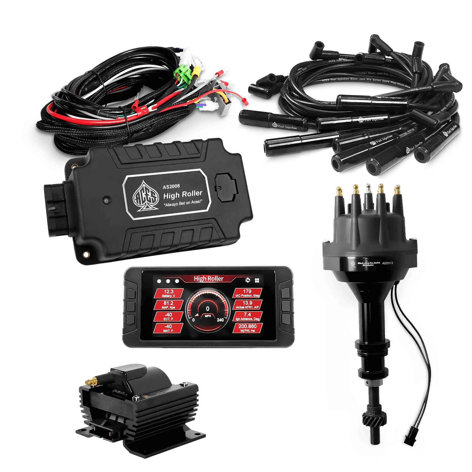 ACES Fuel Injection. 351W SBF 180 Deg Boots High Roller Pro Ignition Package