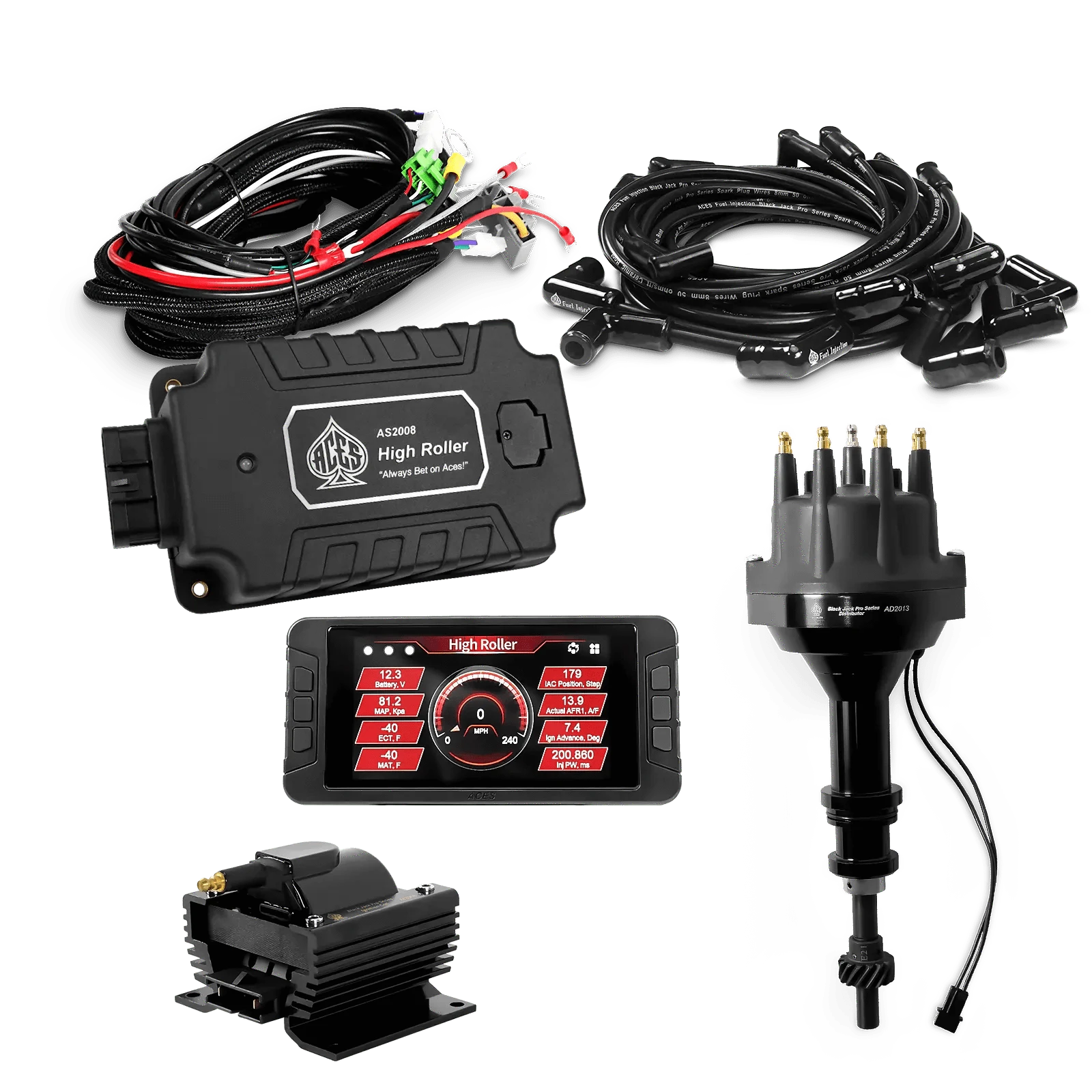 ACES Fuel Injection. 351W SBF 90 Deg Boots High Roller Pro Ignition Package