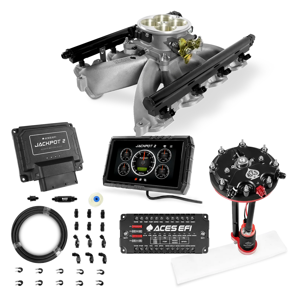 Sistema EFI Jackpot 2 LS - Kit completo con módulo de bomba de conversión de tanque con regulador interno + kit de mangueras de PTFE de 20 pies
