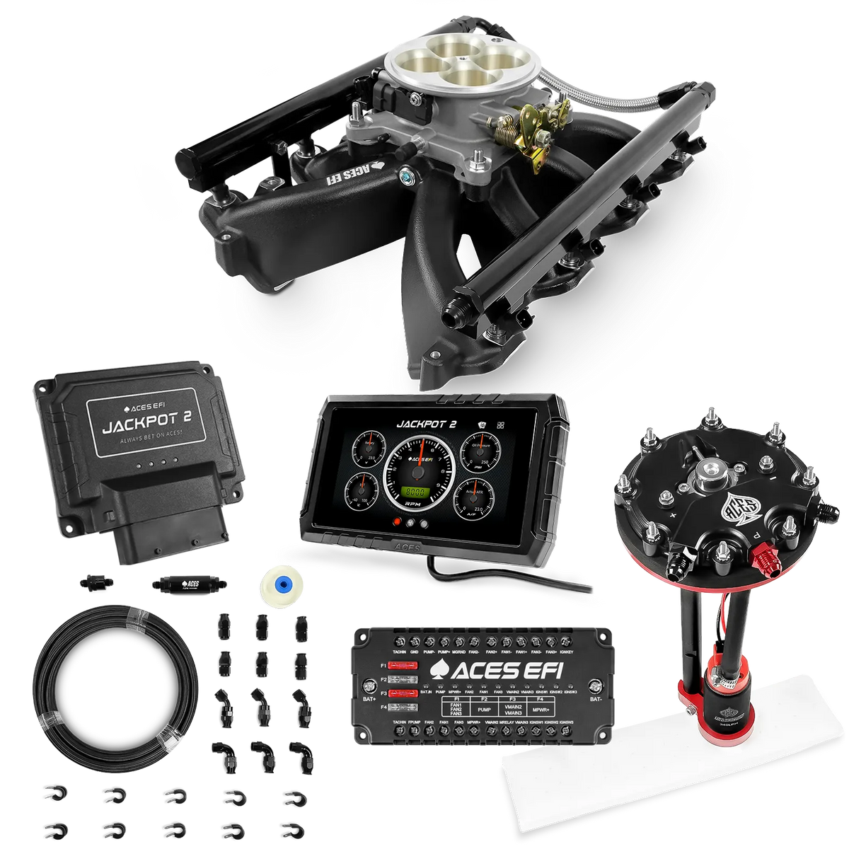 Sistema EFI Jackpot 2 LS - Kit completo con módulo de bomba de conversión de tanque con regulador interno + kit de mangueras de PTFE de 20 pies