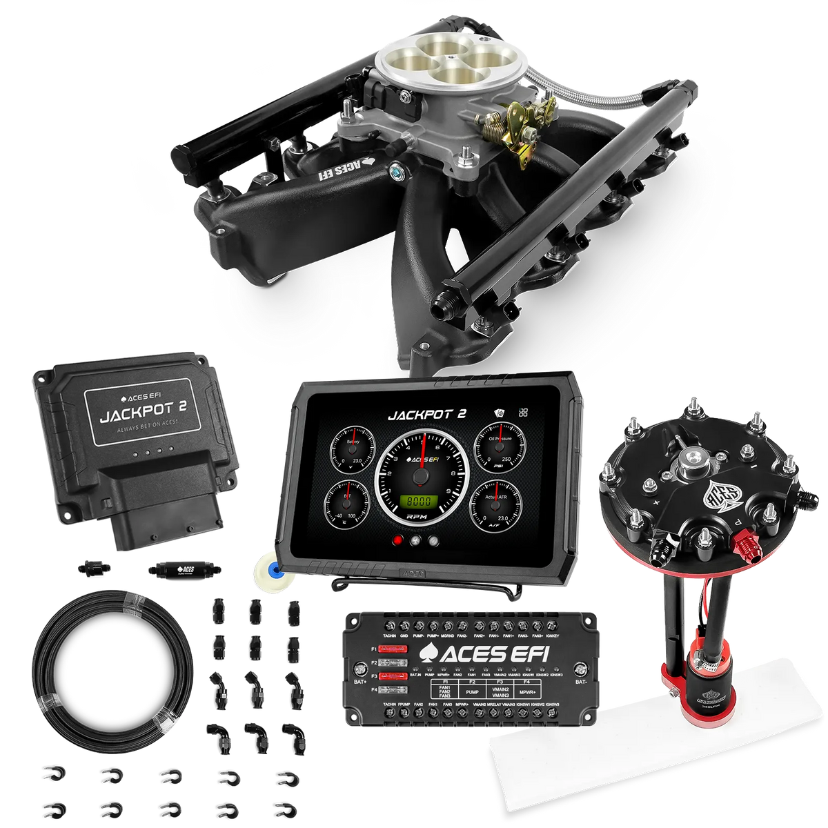 Sistema EFI Jackpot 2 LS - Kit completo con módulo de bomba de conversión de tanque con regulador interno + kit de mangueras de PTFE de 20 pies