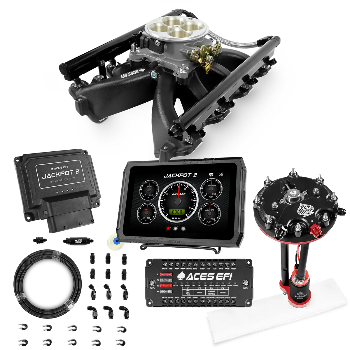 Sistema EFI Jackpot 2 LS - Kit completo con módulo de bomba de conversión de tanque con regulador interno + kit de mangueras de PTFE de 20 pies
