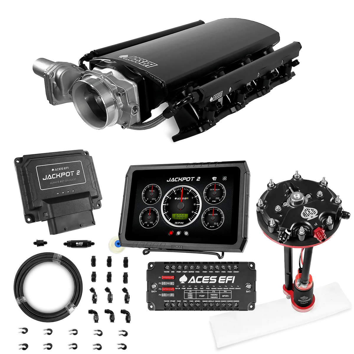 Sistema EFI Jackpot 2 LS - Kit completo con módulo de bomba de conversión de tanque con regulador interno + kit de mangueras de PTFE de 20 pies