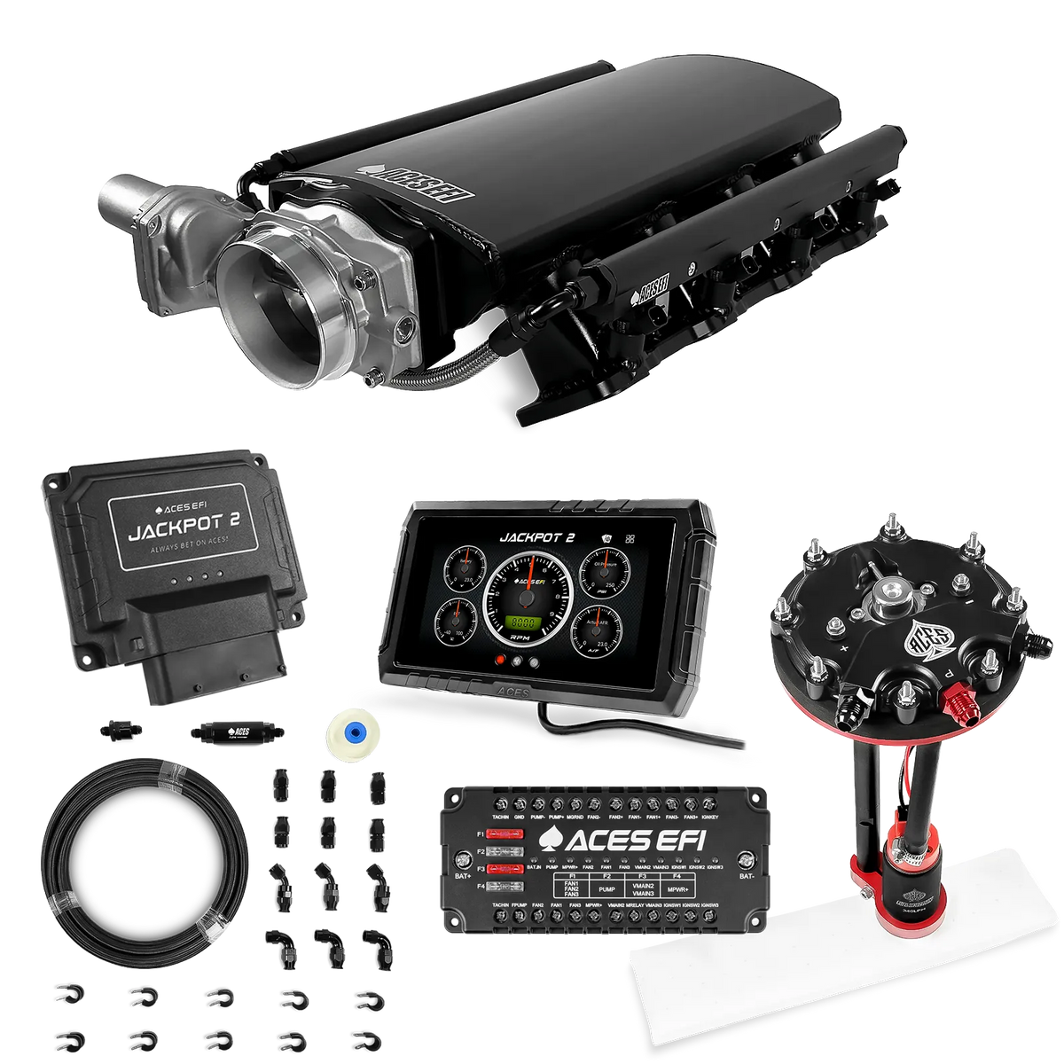 Sistema EFI Jackpot 2 LS - Kit completo con módulo de bomba de conversión de tanque con regulador interno + kit de mangueras de PTFE de 20 pies