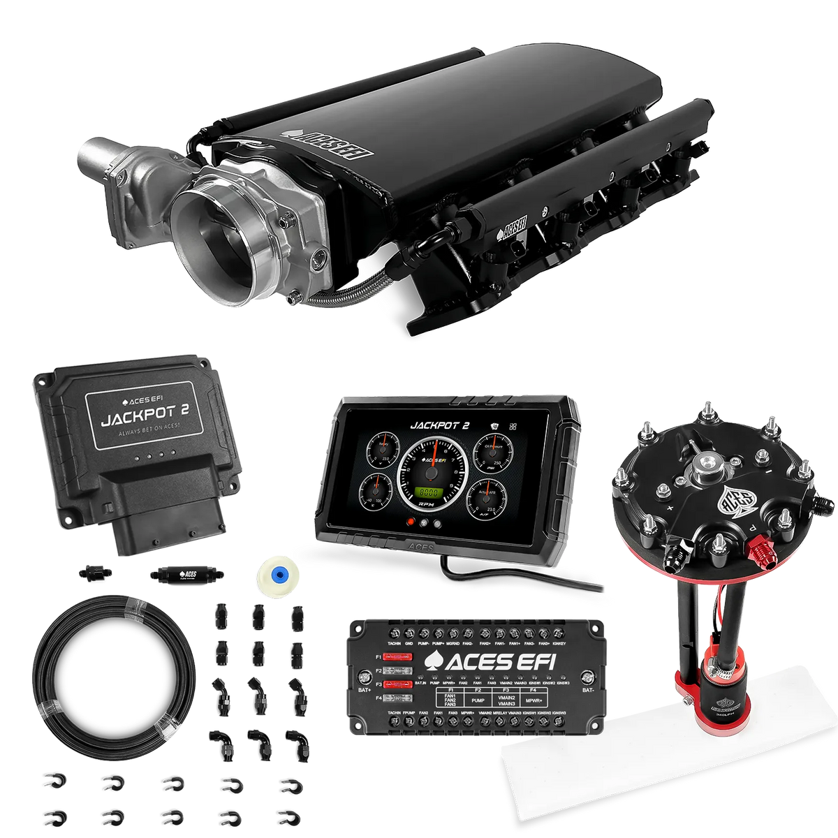 Sistema EFI Jackpot 2 LS - Kit completo con módulo de bomba de conversión de tanque con regulador interno + kit de mangueras de PTFE de 20 pies
