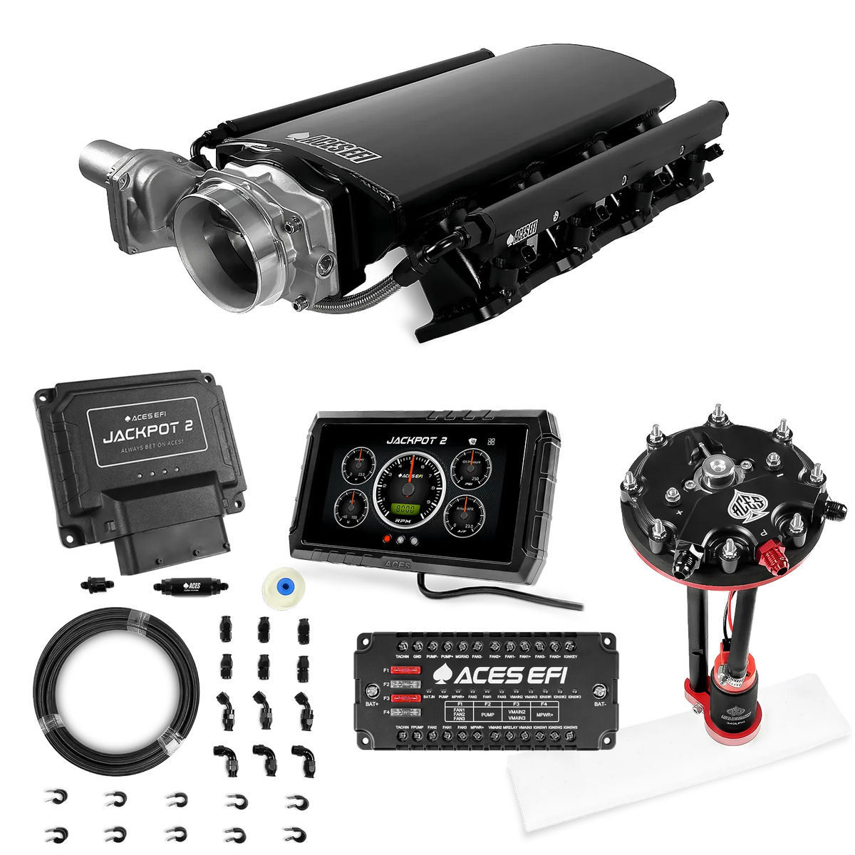 Sistema EFI Jackpot 2 LS - Kit completo con módulo de bomba de conversión de tanque con regulador interno + kit de mangueras de PTFE de 20 pies