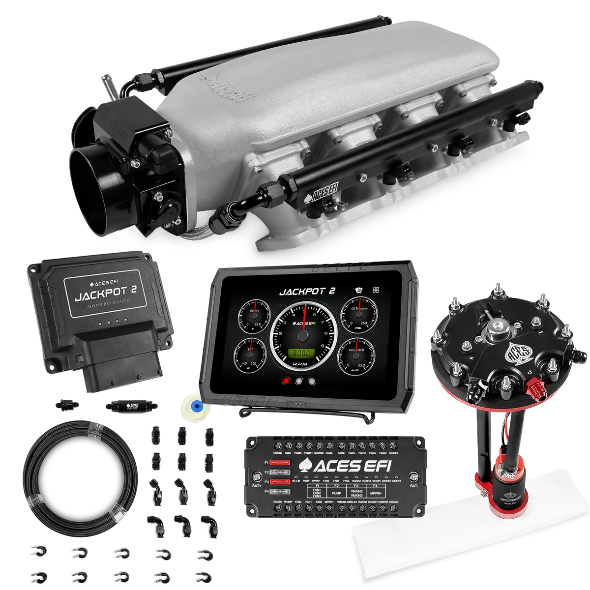 Sistema EFI Jackpot 2 LS - Kit completo con módulo de bomba de conversión de tanque con regulador interno + kit de mangueras de PTFE de 20 pies