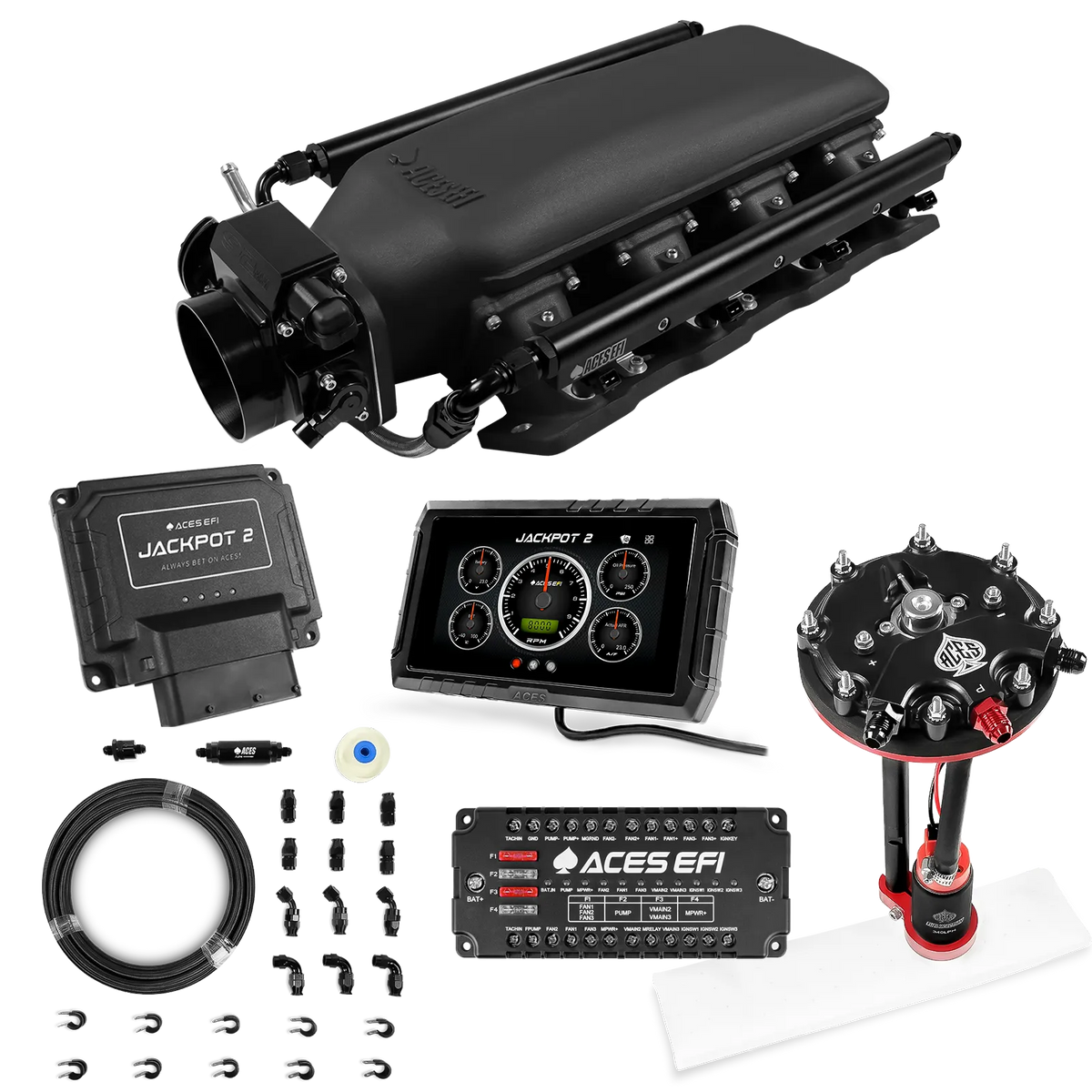 Sistema EFI Jackpot 2 LS - Kit completo con módulo de bomba de conversión de tanque con regulador interno + kit de mangueras de PTFE de 20 pies