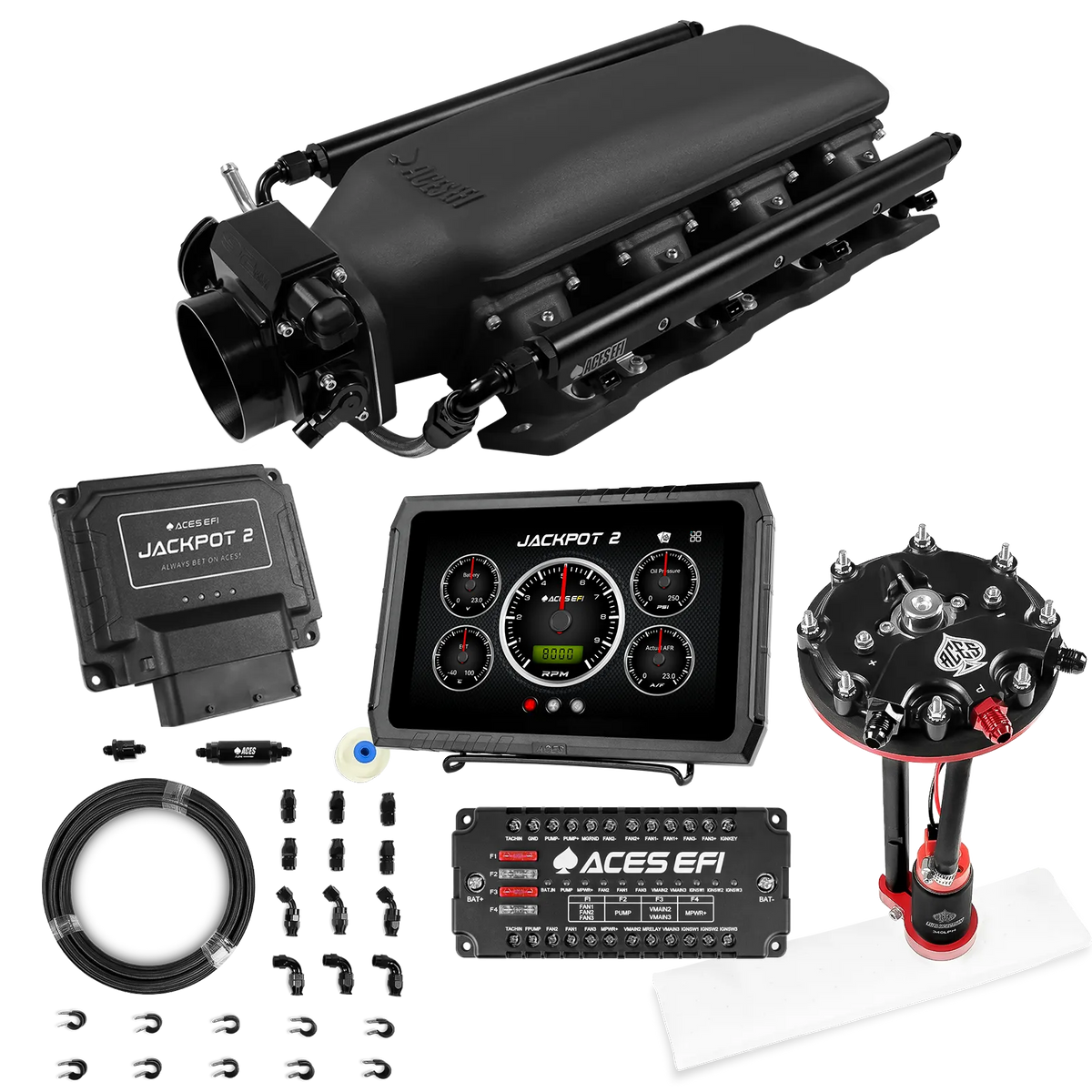 Sistema EFI Jackpot 2 LS - Kit completo con módulo de bomba de conversión de tanque con regulador interno + kit de mangueras de PTFE de 20 pies