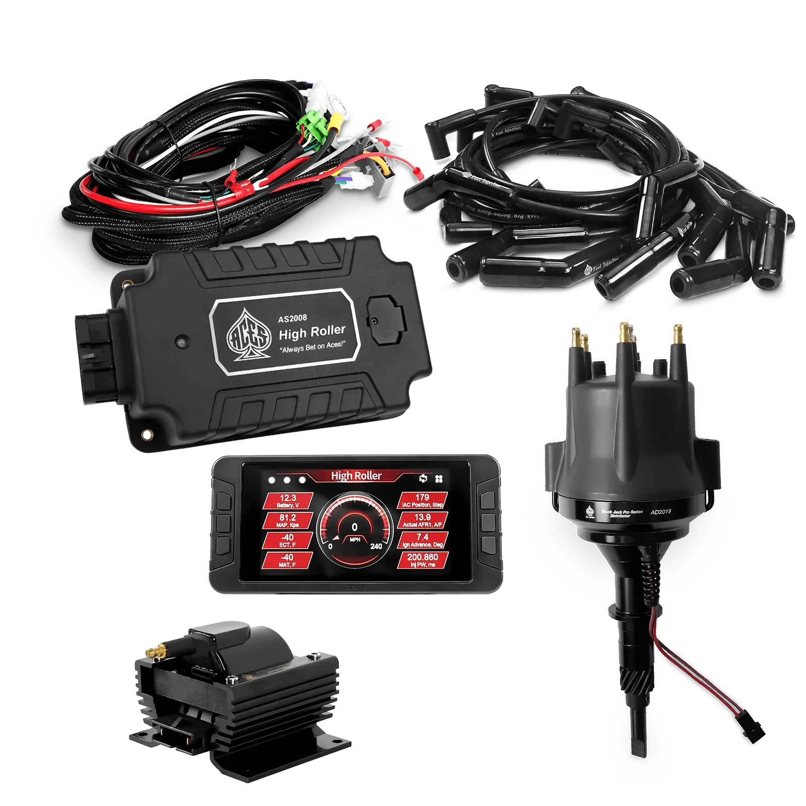 ACES Fuel Injection. AMC/Jeep 232/258 6 Cyl 135 Deg Boots High Roller Pro Ignition Package