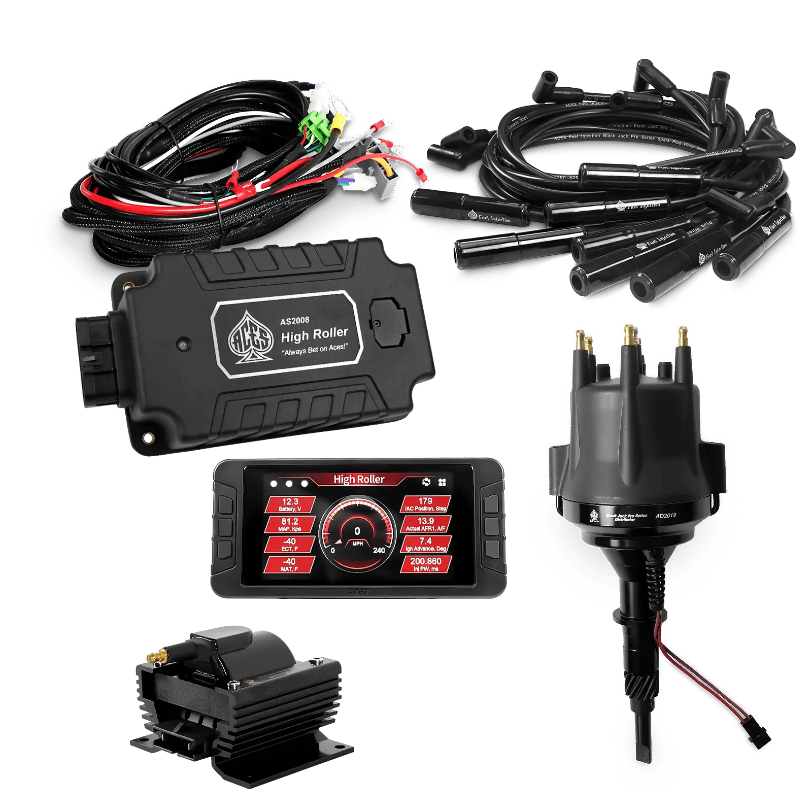 ACES Fuel Injection. AMC/Jeep 232/258 6 Cyl 180 Deg Boots High Roller Pro Ignition Package
