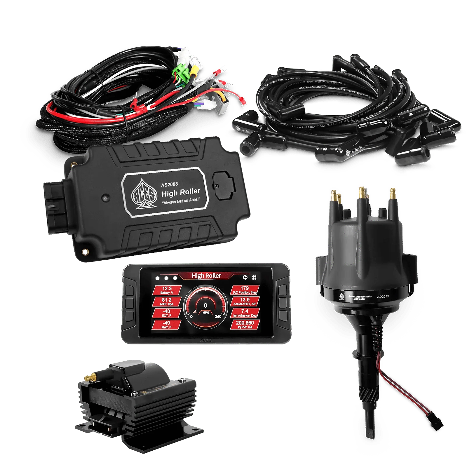 ACES Fuel Injection. AMC/Jeep 232/258 6 Cyl 90 Deg Boots High Roller Pro Ignition Package