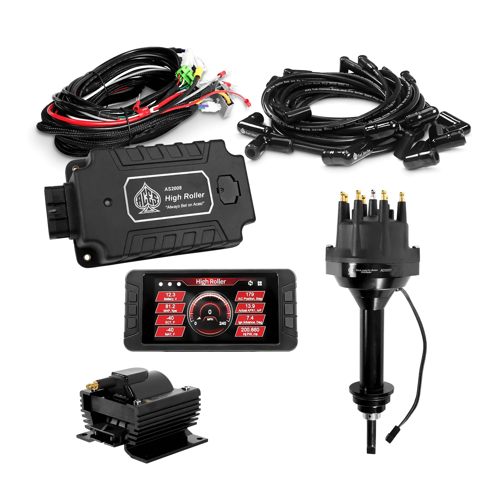 ACES Fuel Injection. BB Mopar 383/400 90 Deg Boots High Roller Pro Ignition Package