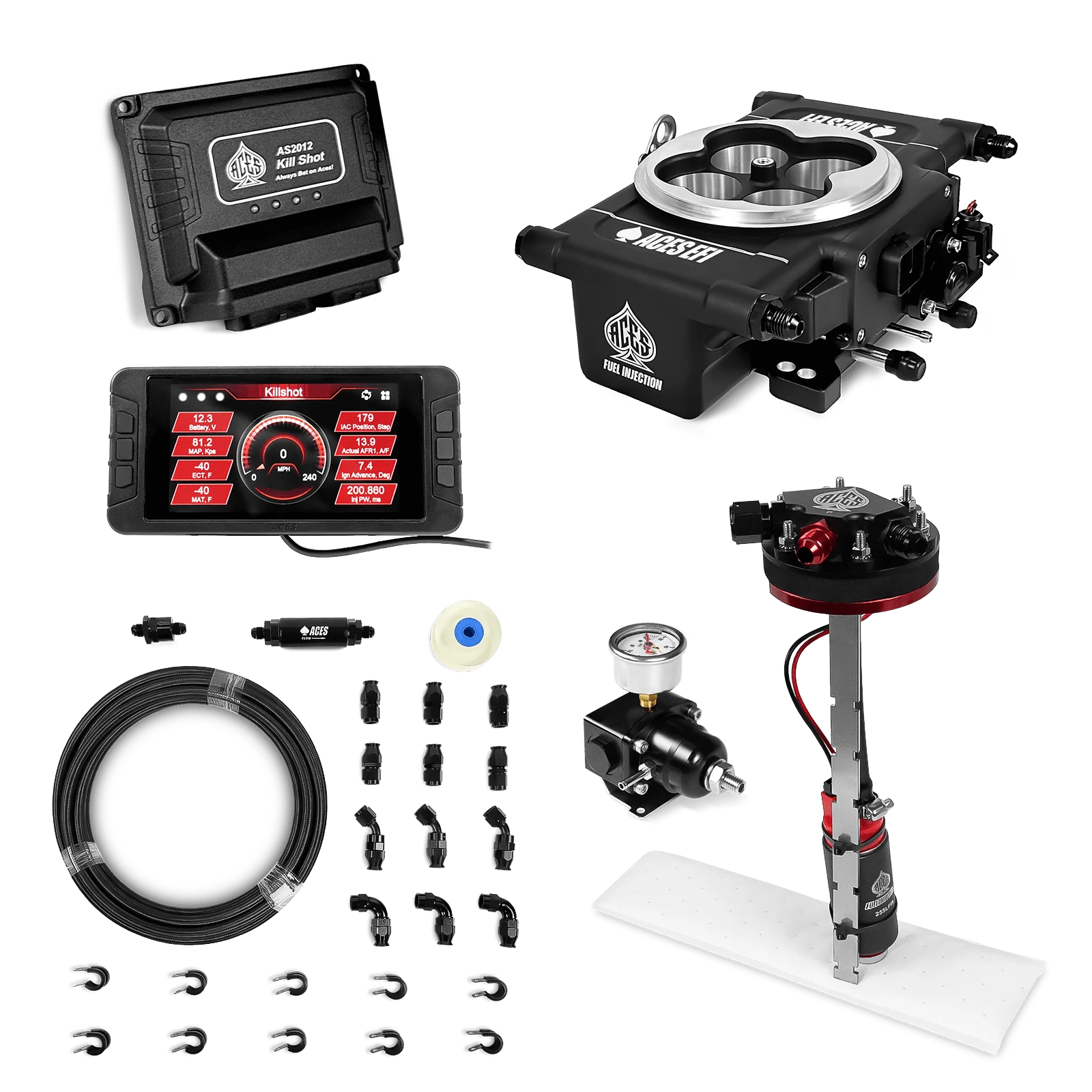 Aces Fuel Injection Black / Tight Fit In-tank Pump Module & 40' PTFE Hose Kits (255 LPH) Killshot 4-BBl EFI Fuel Kits