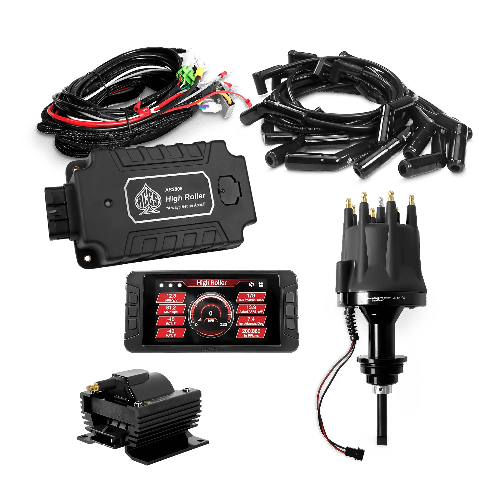 ACES Fuel Injection. Chrysler SB LA 273-360 135 Deg Boots High Roller Pro Ignition Package