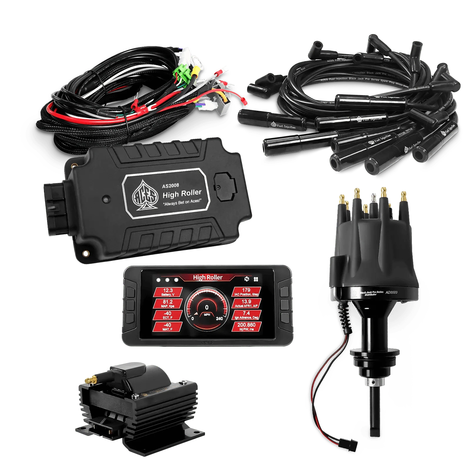 ACES Fuel Injection. Chrysler SB LA 273-360 180 Deg Boots High Roller Pro Ignition Package