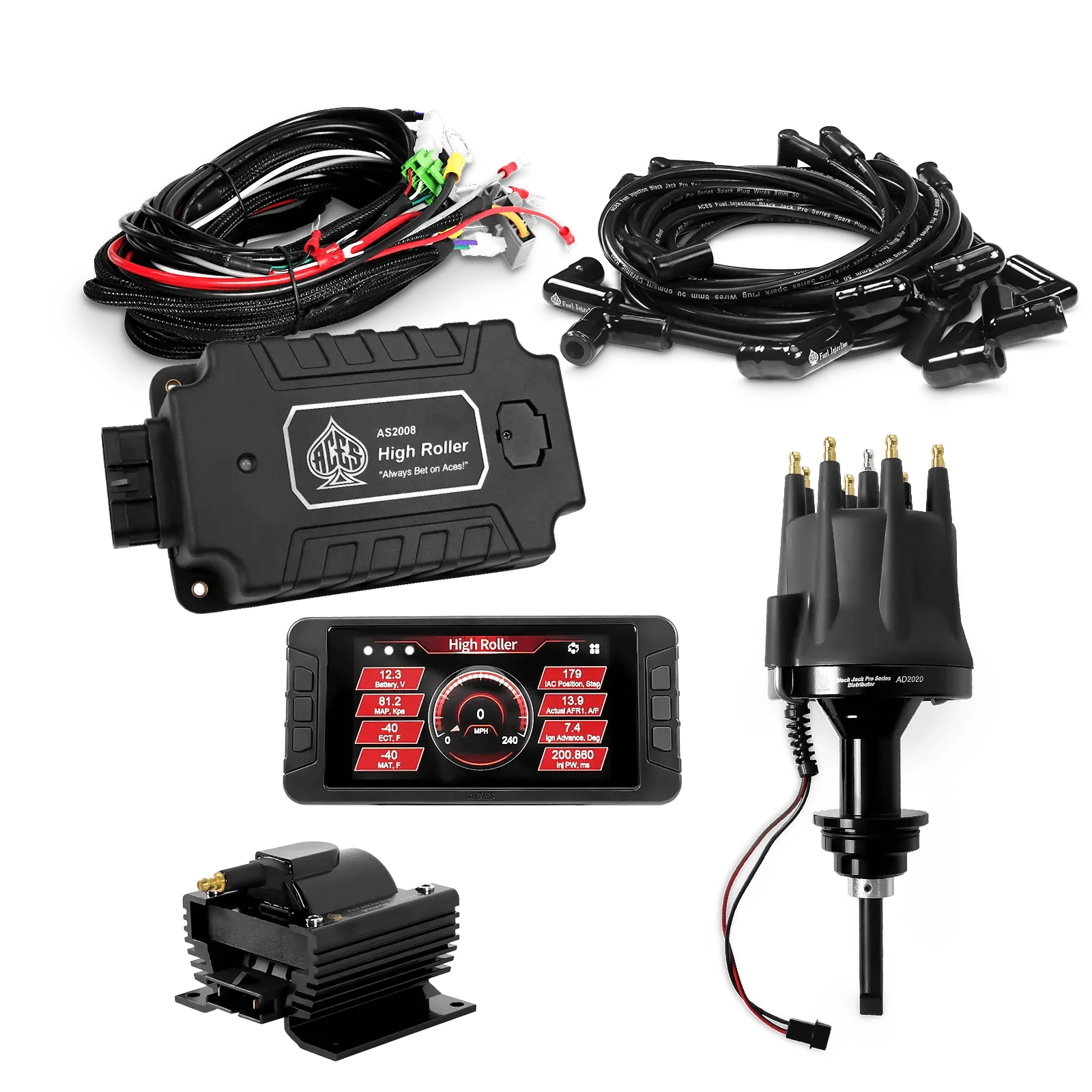 ACES Fuel Injection. Chrysler SB LA 273-360 90 Deg Boots High Roller Pro Ignition Package