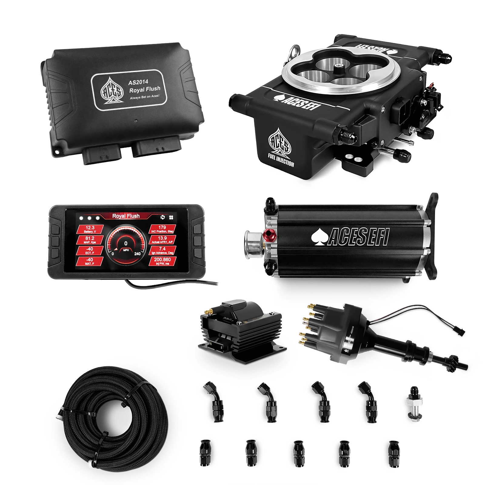Aces Fuel Injection Command Center 2 Surge Tank / 351C/460 BBF Royal Flush EFI/CDI Master Kits (Black)