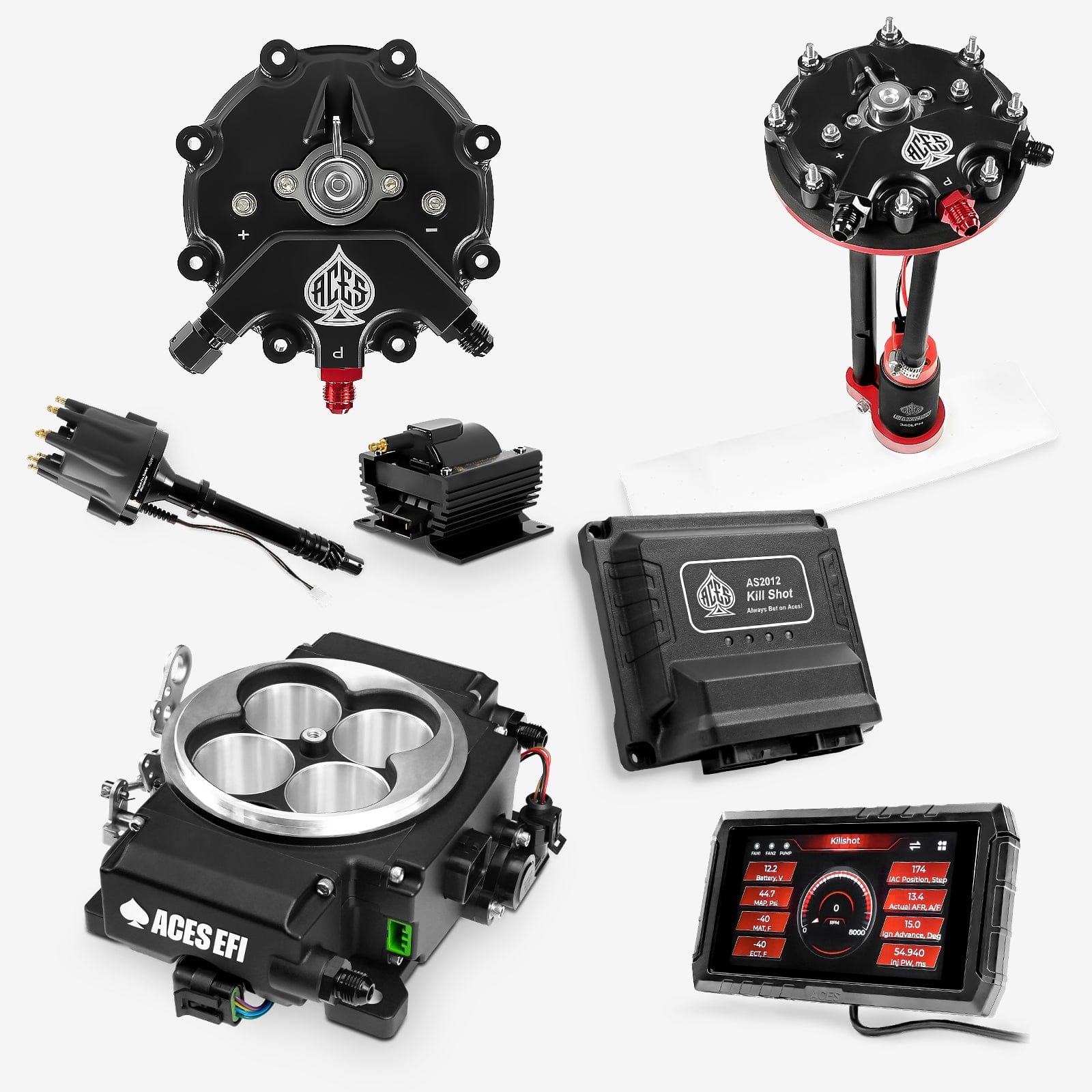 Aces Fuel Injection EFI System Black / Tank Conversion Pump Module with Internal Regulator (340 LPH) / SB/BB Chevy Killshot II 4-bbl EFI System Master Kits