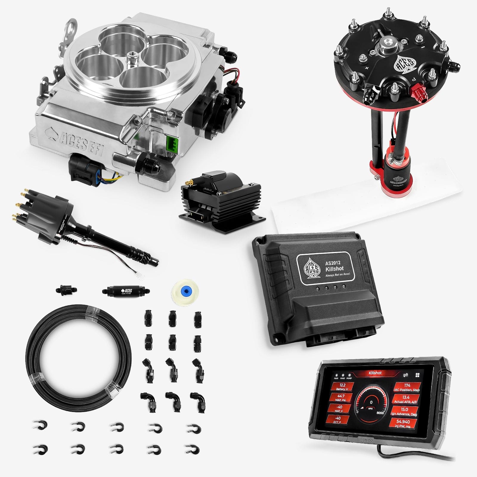 Aces Fuel Injection EFI System Polished / Tank Conversion Pump Module with Internal Regulator & 20' PTFE Hose Kits (340 LPH) / SB/BB Chevy Killshot II 4-bbl EFI System Master Kits