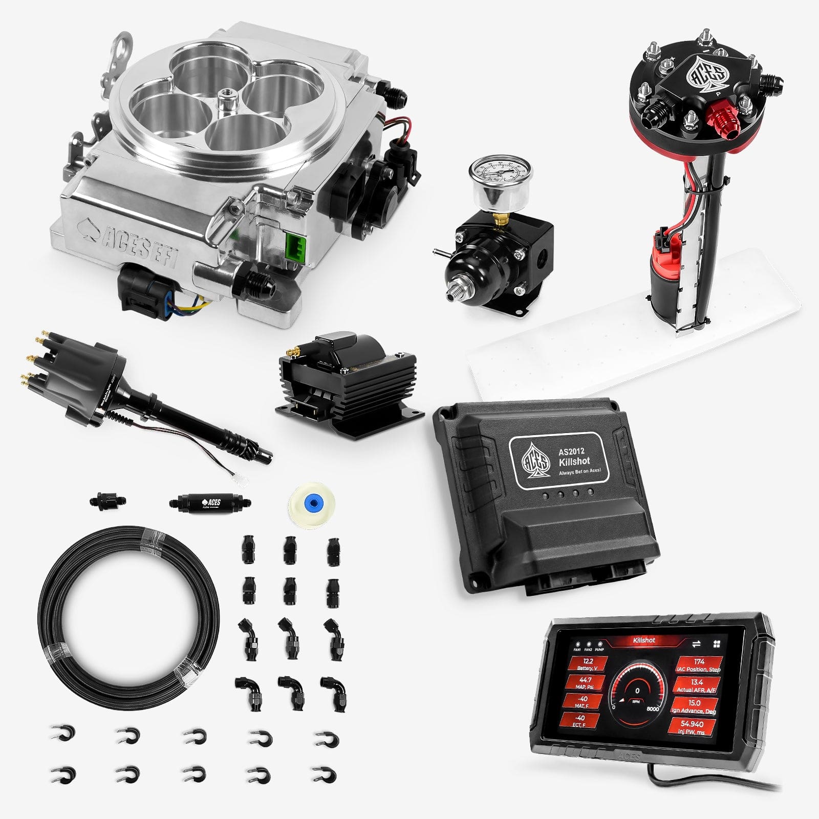 Aces Fuel Injection EFI System Polished / Tight Fit In-tank Pump Module & 40' PTFE Hose Kits (255 LPH) / SB/BB Chevy Killshot II 4-bbl EFI System Master Kits