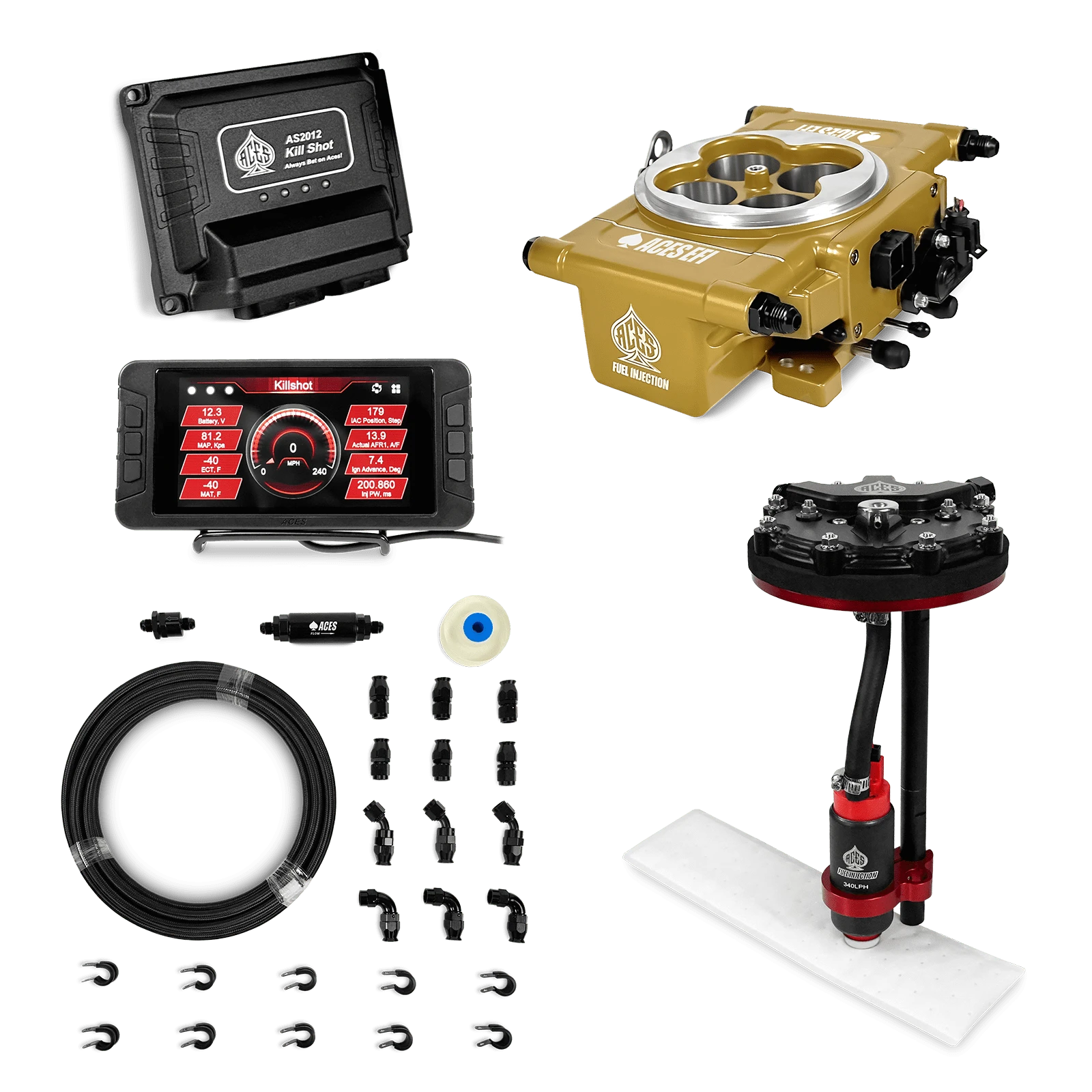 Aces Fuel Injection Gold / Tank Conversion Pump Module with Internal Regulator & 20' PTFE Hose Kits (340 LPH) Killshot 4-BBl EFI Fuel Kits
