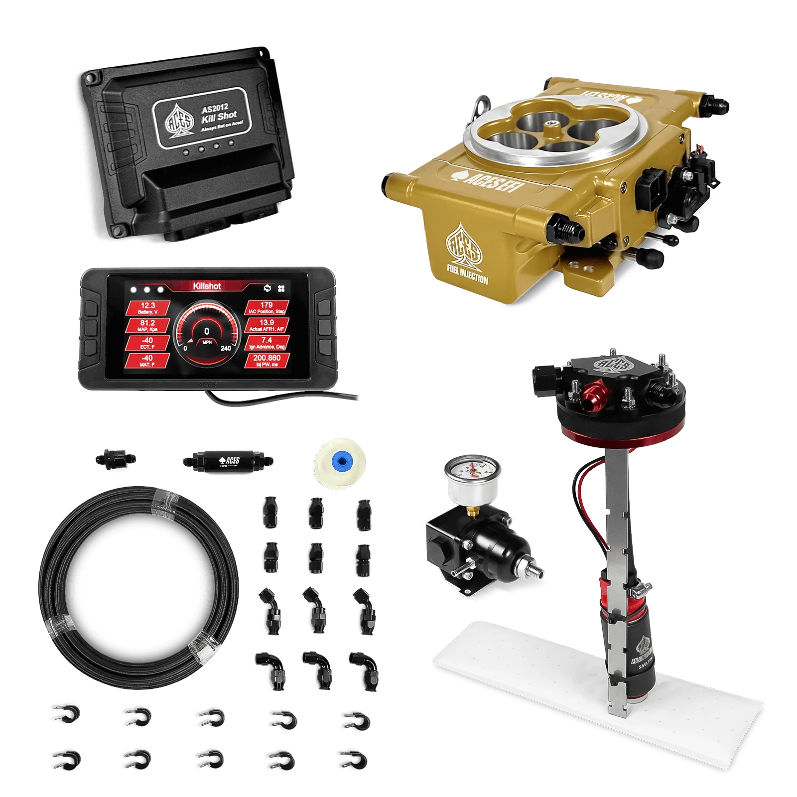 Aces Fuel Injection Gold / Tight Fit In-tank Pump Module & 40' PTFE Hose Kits (255 LPH) Killshot 4-BBl EFI Fuel Kits