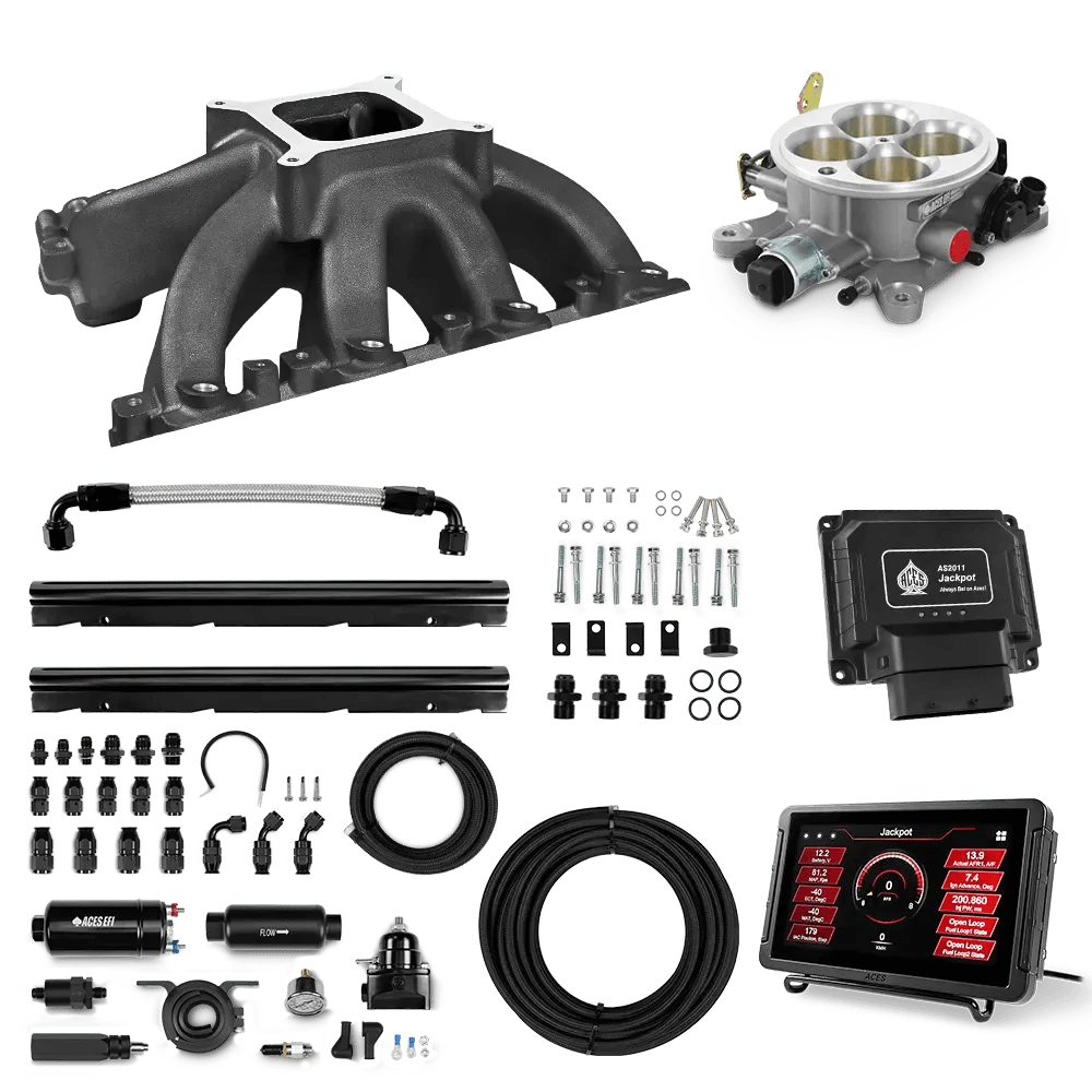 Aces Fuel Injection Jackpot LS - DBC & Manual Trans / 500 HP LS1/LS2/LS6 Hi-Rise Cast Intake (Black) / Cathedral Port Jackpot LS EFI System - Master Kit with 255 In-line Pump System w/40' PTFE Hose