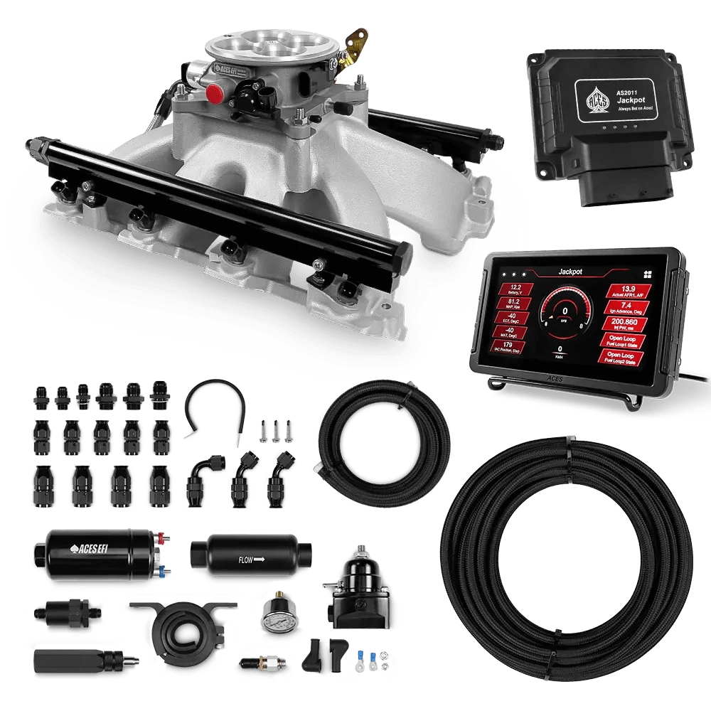 Aces Fuel Injection Jackpot LS - DBC & Manual Trans / 500 HP LS1/LS2/LS6 Hi-Rise Cast Intake (Cast Finish / Cathedral Port Jackpot LS EFI System - Master Kit with 255 In-line Pump System w/40' PTFE Hose