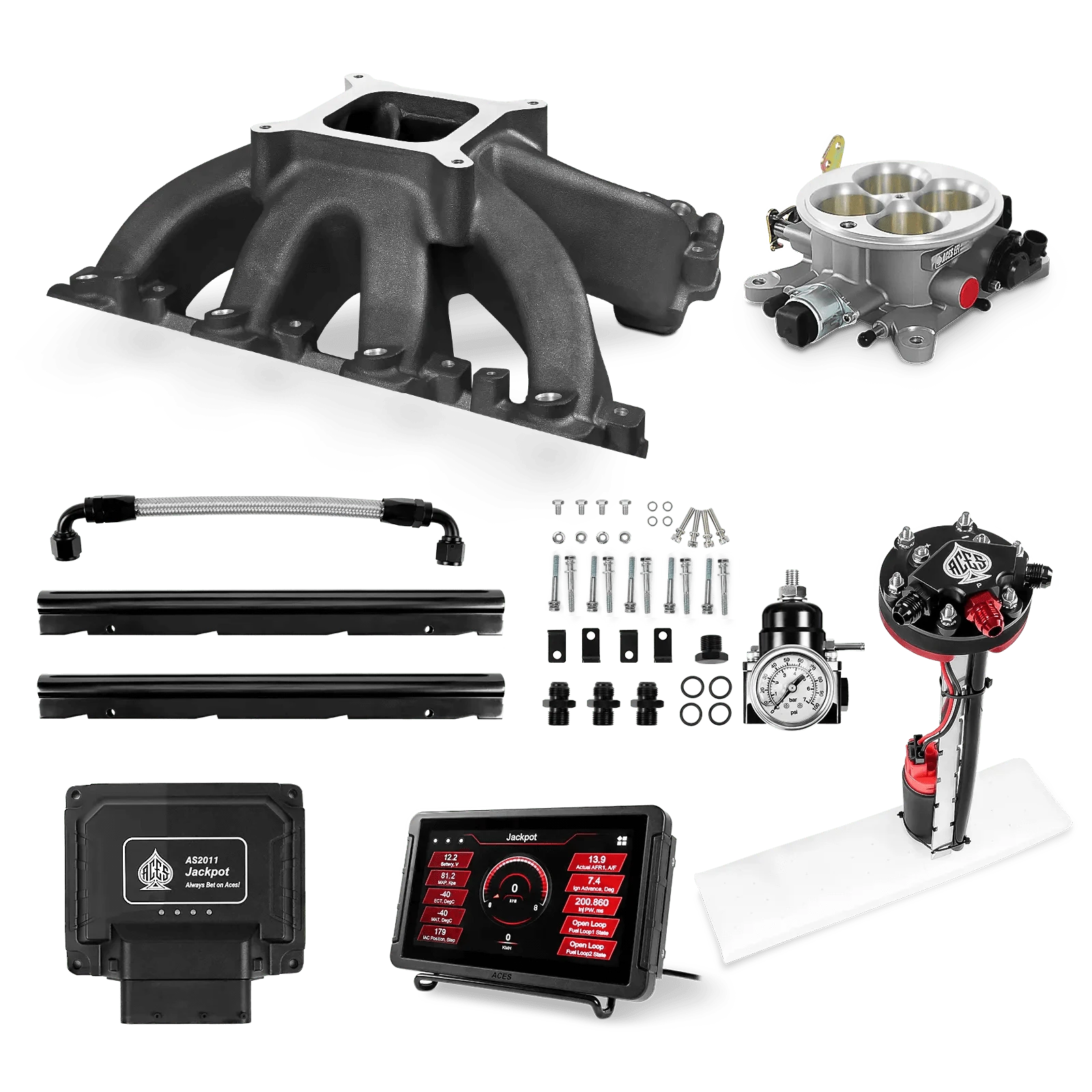 Aces Fuel Injection Jackpot LS - DBC & Manual Trans / 500 HP LS1/LS2/LS6 Hi-Rise Intake (Black) / Cathedral Port Jackpot LS EFI System - Master Kit with Tight Fit In-Tank Pump Module