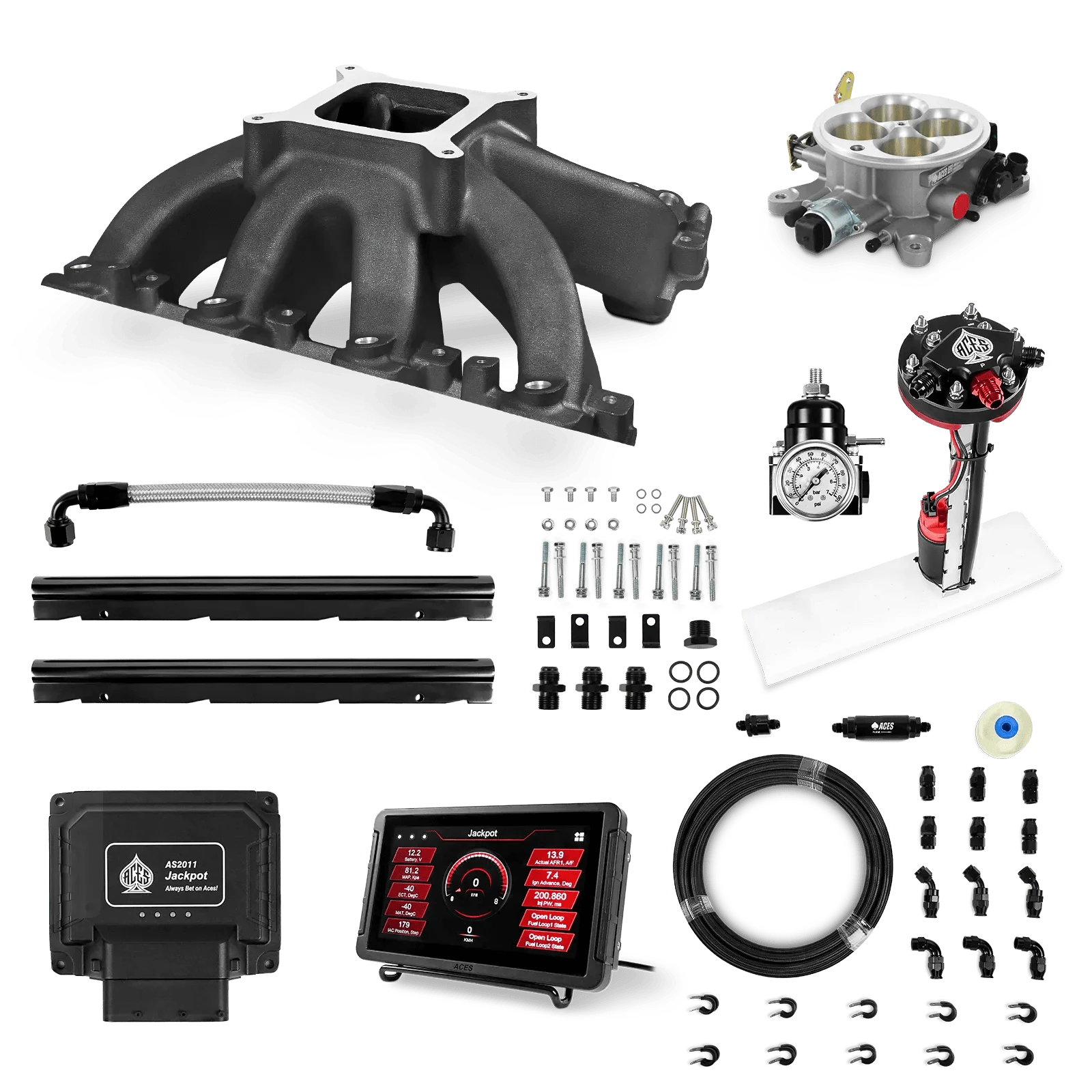 Aces Fuel Injection Jackpot LS - DBC & Manual Trans / 500 HP LS1/LS2/LS6 Hi-Rise Intake (Black) / Cathedral Port Jackpot LS EFI System - Master Kit with Tight Fit In-Tank Pump Module + 40' PTFE Hose Kit