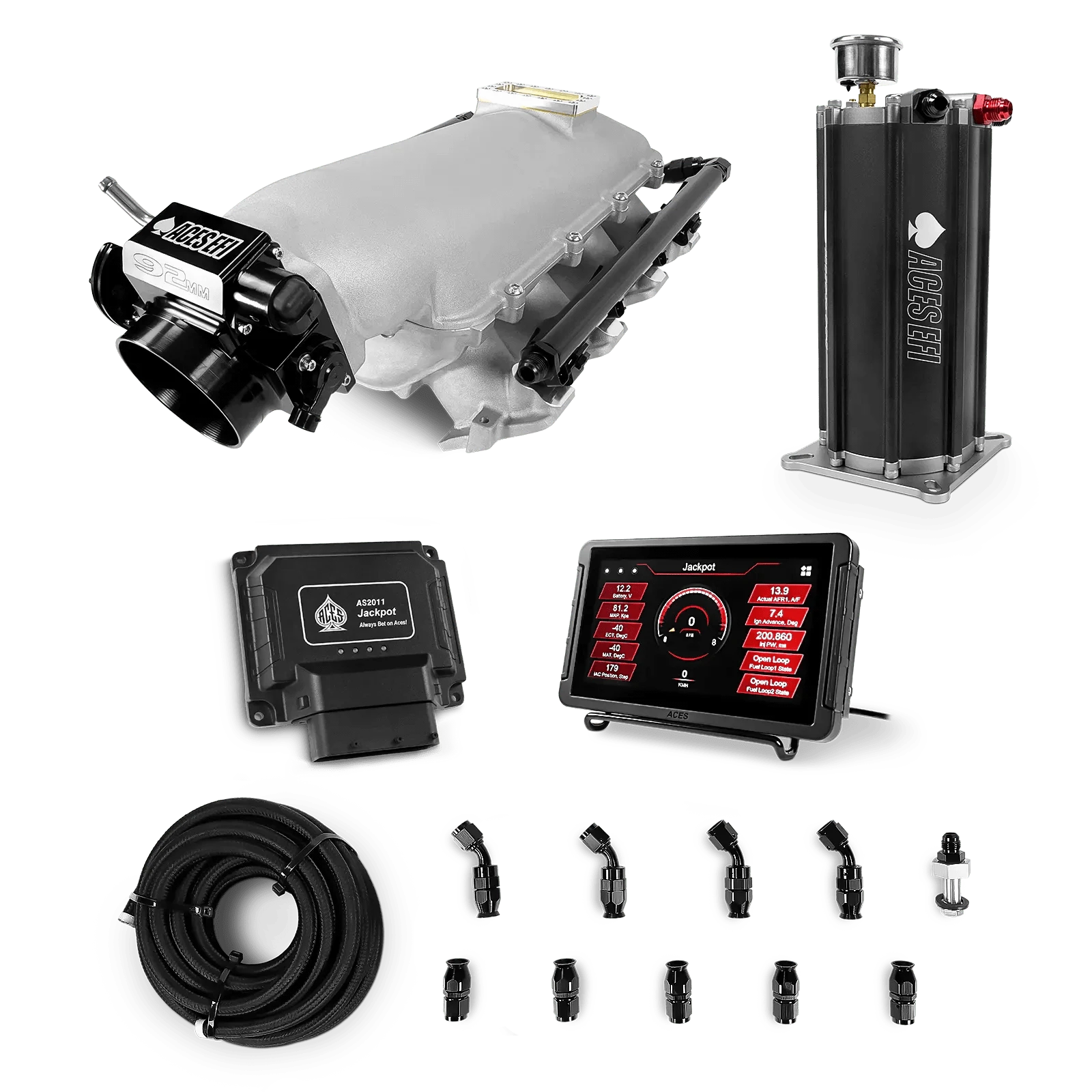 Aces Fuel Injection Jackpot LS - DBC & Manual Trans / 500 HP LS1/LS2/LS6 Lo-Ram Cast Intake (Cast Finish) / Cathedral Port Jackpot LS EFI System - Master Kit with Command Center 2 Surge Tank