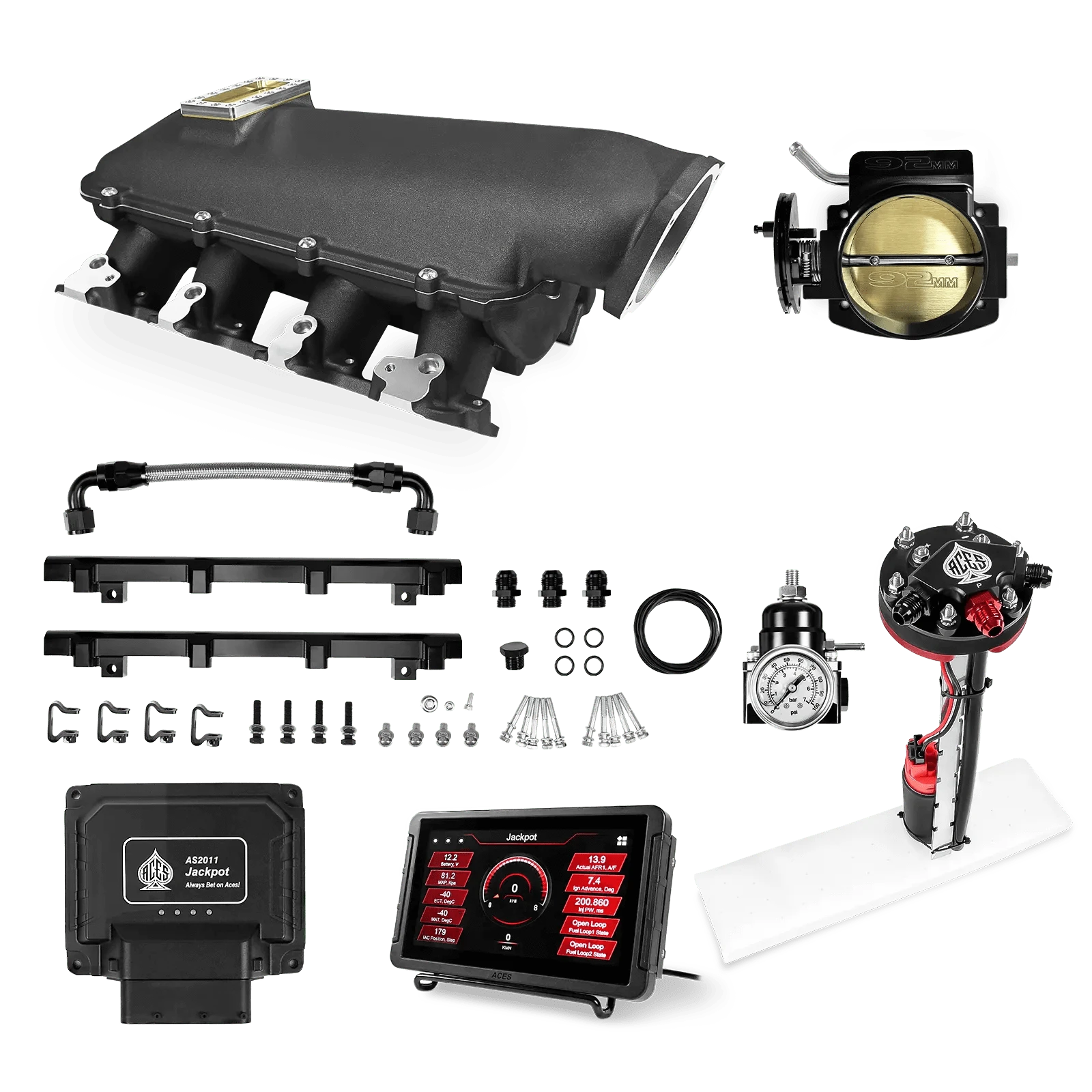 Aces Fuel Injection Jackpot LS - DBC & Manual Trans / 500 HP LS1/LS2/LS6 Lo-Ram Intake (Black) / Cathedral Port Jackpot LS EFI System - Master Kit with Tight Fit In-Tank Pump Module