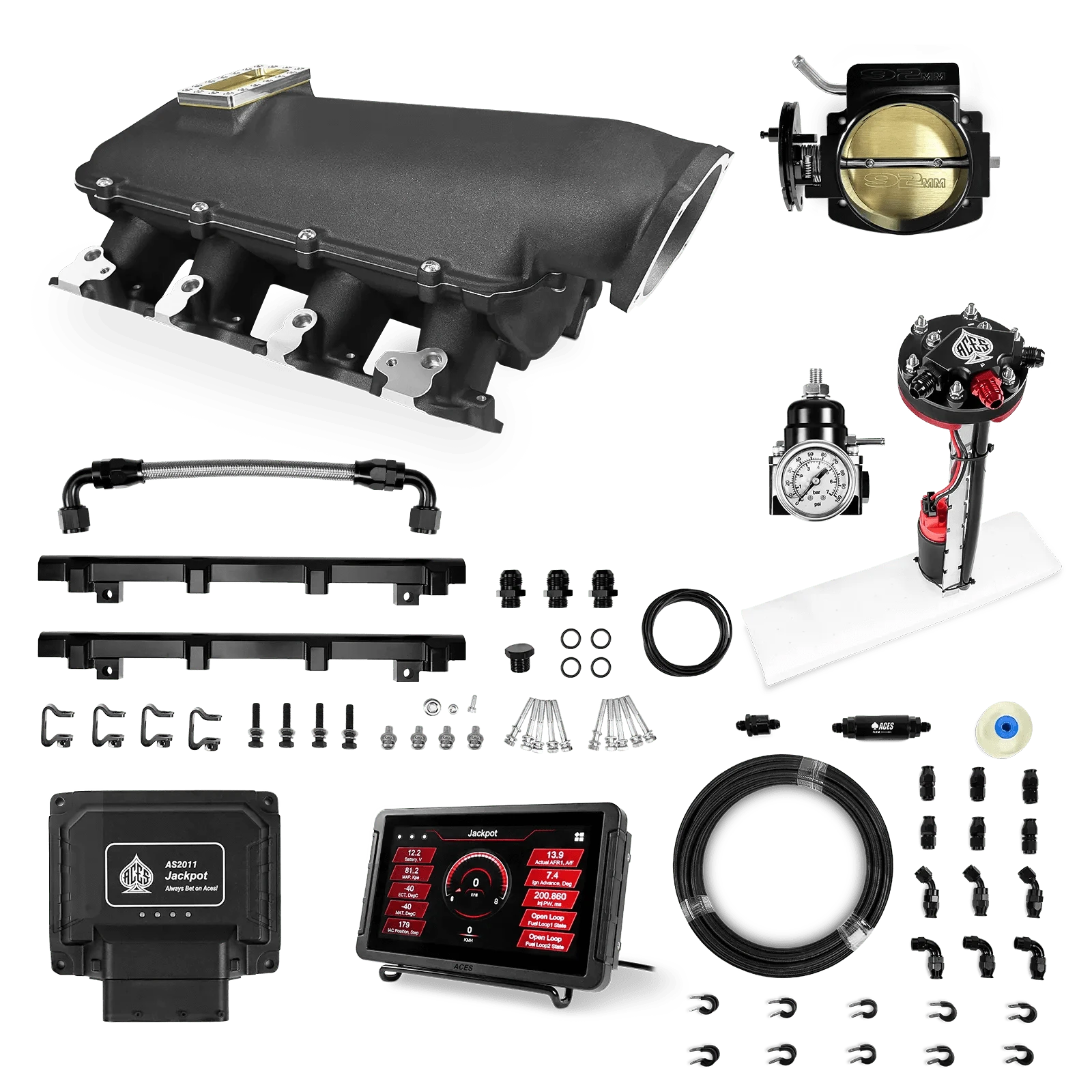Aces Fuel Injection Jackpot LS - DBC & Manual Trans / 500 HP LS1/LS2/LS6 Lo-Ram Intake (Black) / Cathedral Port Jackpot LS EFI System - Master Kit with Tight Fit In-Tank Pump Module + 40' PTFE Hose Kit