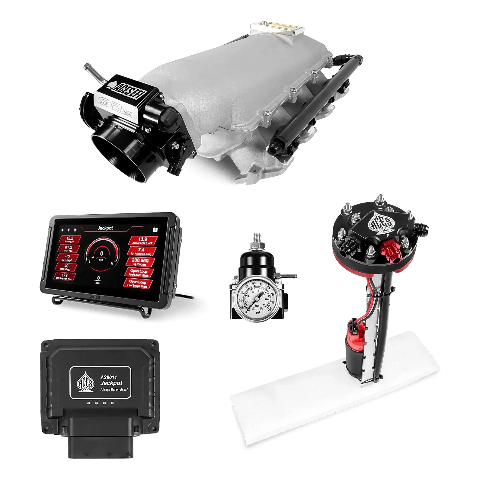 Aces Fuel Injection Jackpot LS - DBC & Manual Trans / 500 HP LS1/LS2/LS6 Lo-Ram Intake / Cathedral Port Jackpot LS EFI System - Master Kit with Tight Fit In-Tank Pump Module