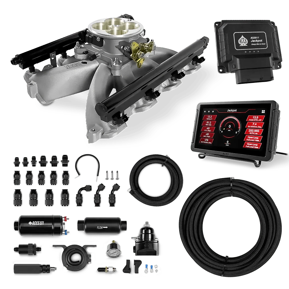 Aces Fuel Injection Jackpot LS - DBC & Manual Trans / 500 HP LS1/LS2/LS6 Mid-Rise Cast Intake (Cast Finish) / Cathedral Port Jackpot LS EFI System - Master Kit with 255 In-line Pump System w/40' PTFE Hose