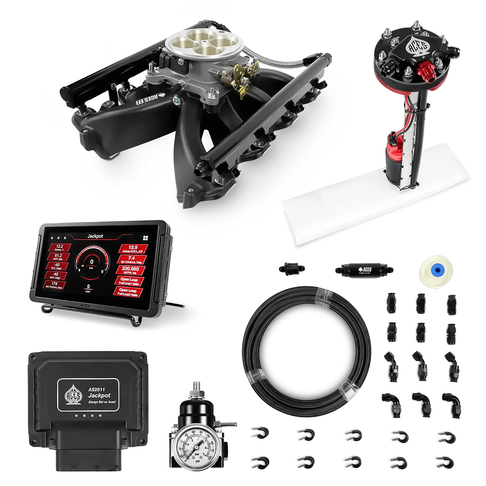 Aces Fuel Injection Jackpot LS - DBC & Manual Trans / 500 HP LS1/LS2/LS6 Midrise Intake (Black) / Cathedral Port Jackpot LS EFI System - Master Kit with Tight Fit In-Tank Pump Module + 40' PTFE Hose Kit