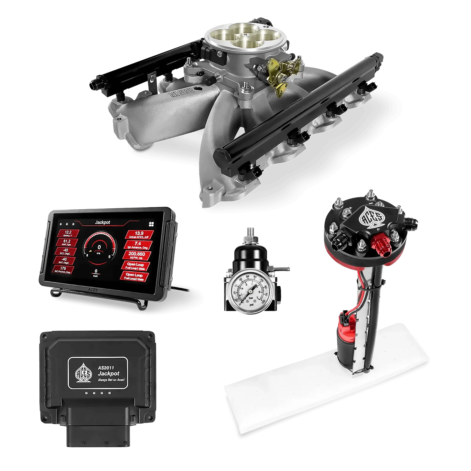 Aces Fuel Injection Jackpot LS - DBC & Manual Trans / 500 HP LS1/LS2/LS6 Midrise Intake / Cathedral Port Jackpot LS EFI System - Master Kit with Tight Fit In-Tank Pump Module