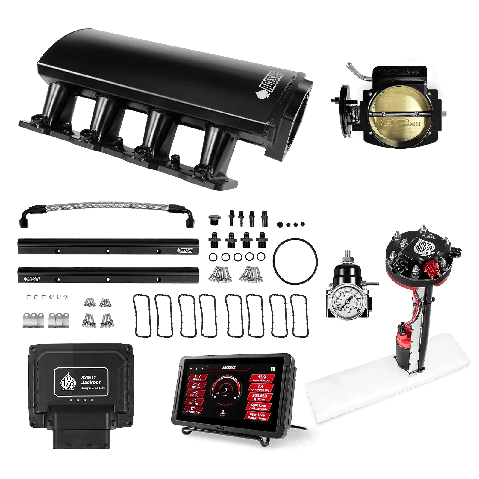 Aces Fuel Injection Jackpot LS - DBC & Manual Trans / 500 HP LS1/LS2/LS6 Short Fabricated Intake / Cathedral Port Jackpot LS EFI System - Master Kit with Tight Fit In-Tank Pump Module